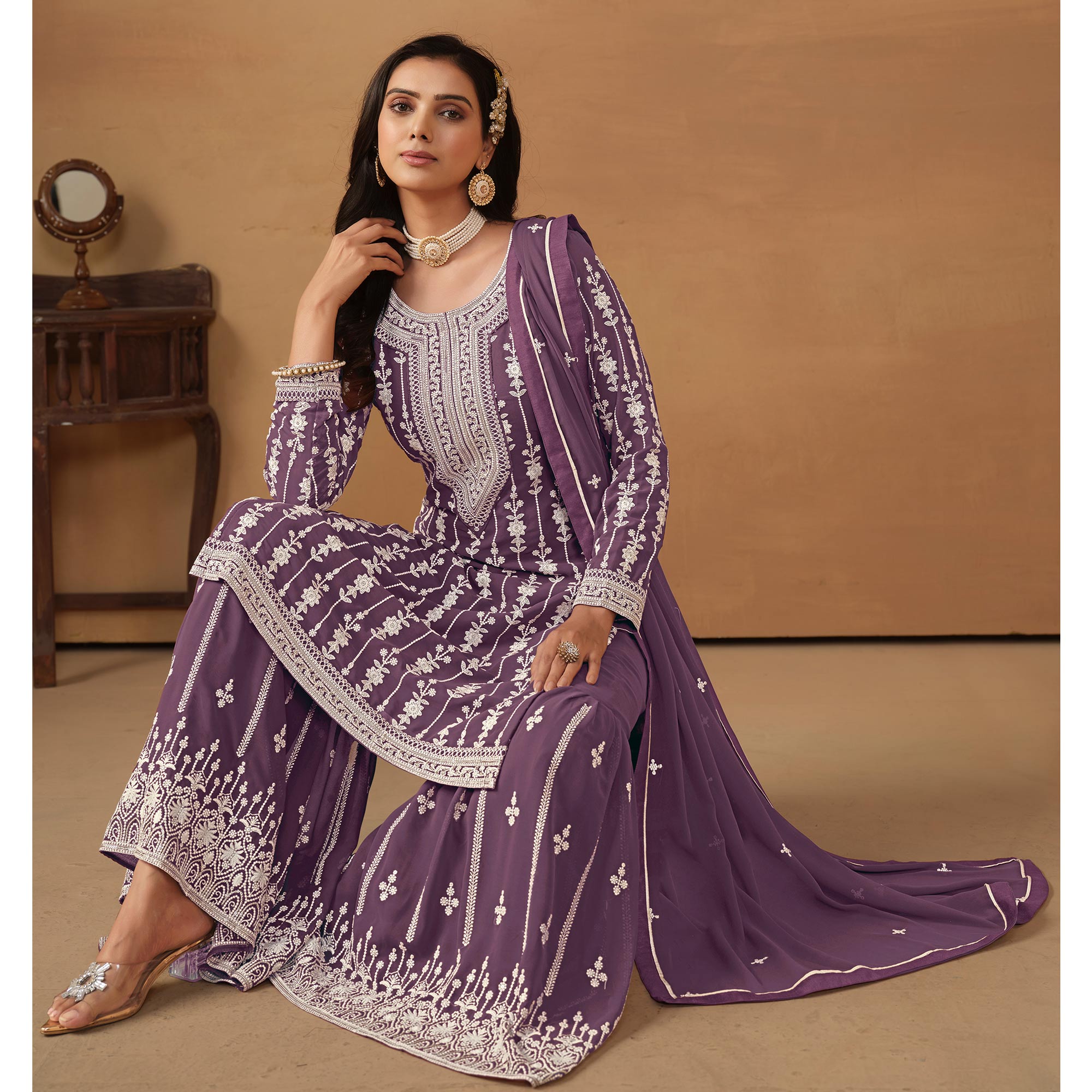 Purple Floral Embroidered Georgette Semi Stithed Sharara Suit