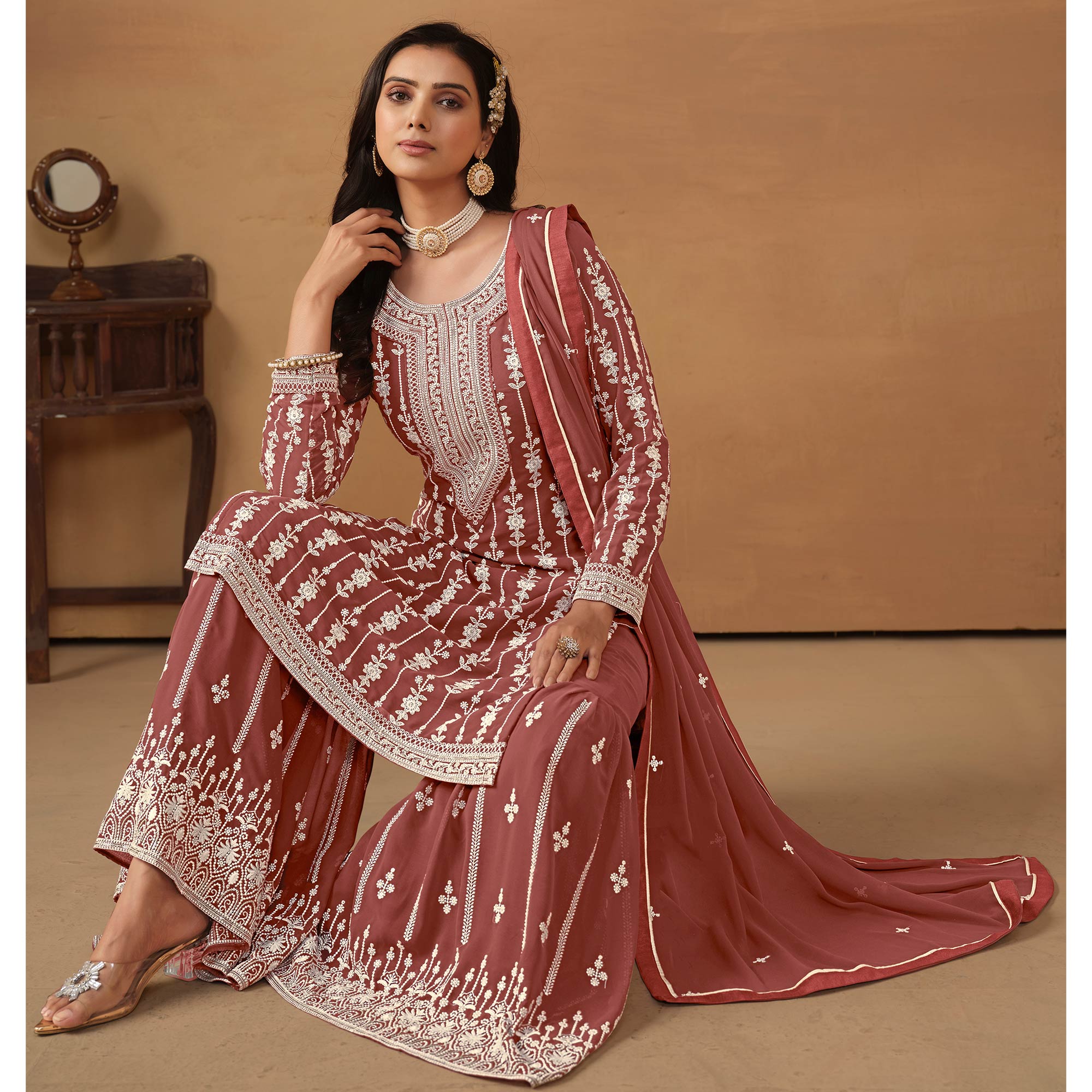 Rust Floral Embroidered Georgette Semi Stithed Sharara Suit