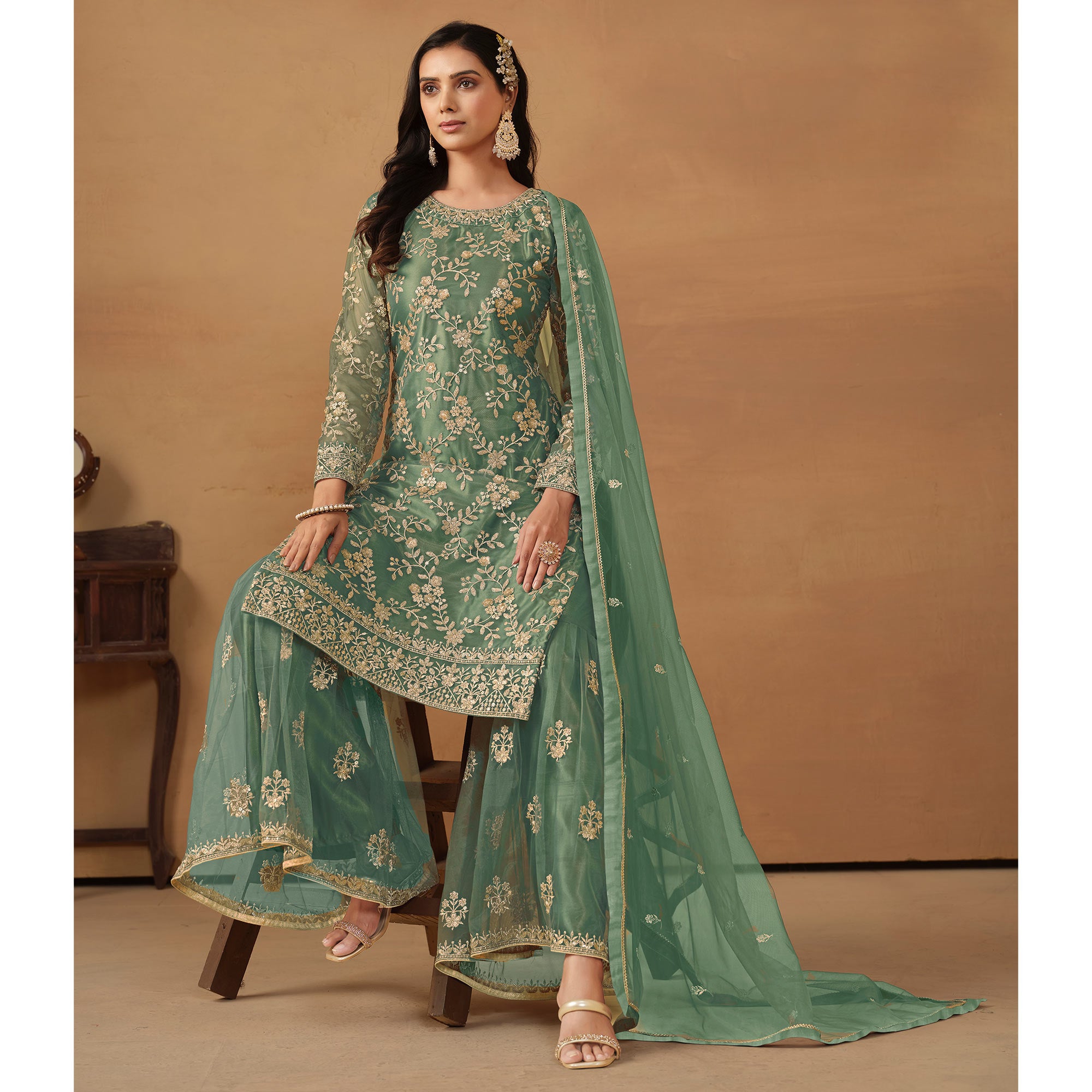 Sea Green Floral Embroidered Net Semi Stitched Sharara Suit