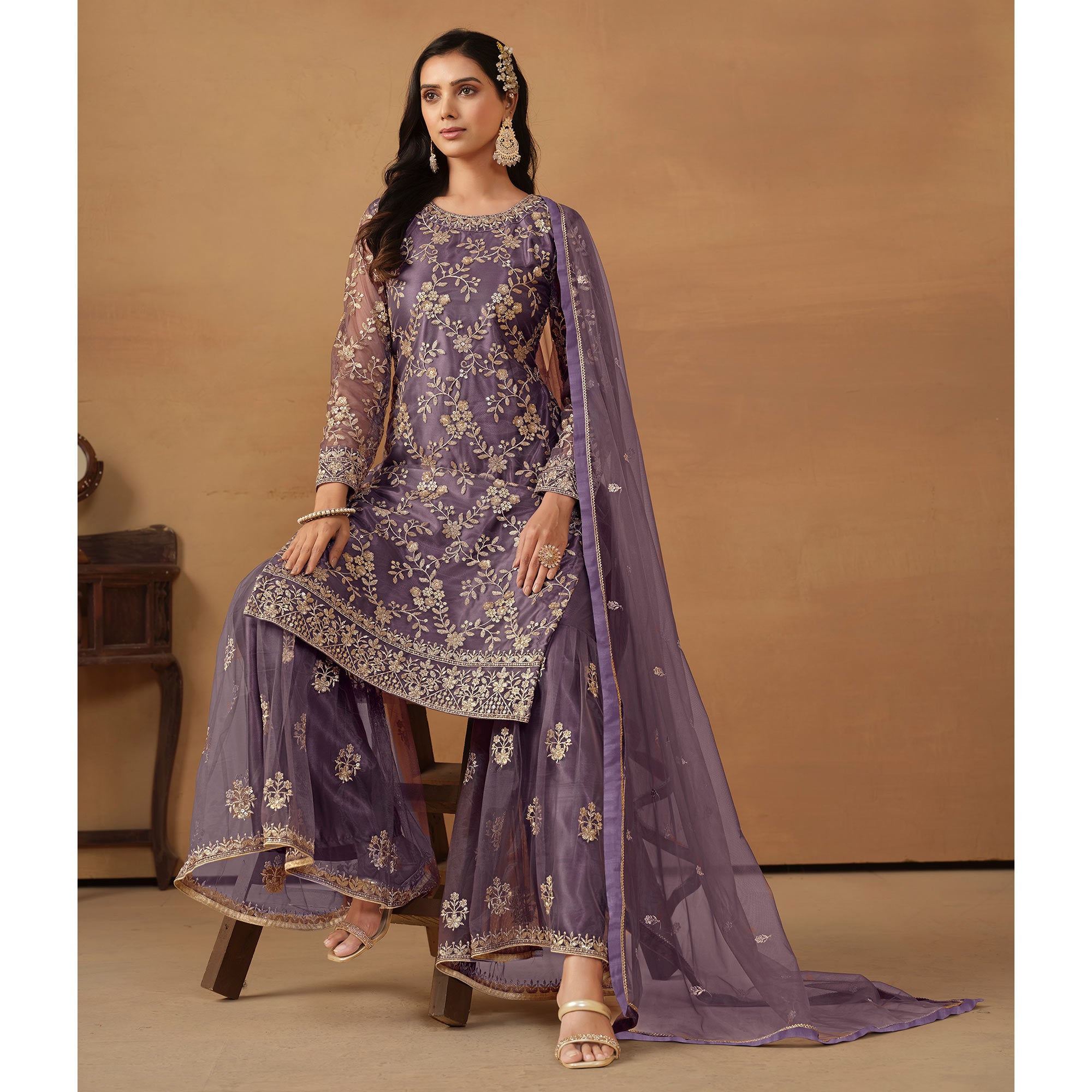 Purple Floral Embroidered Net Semi Stitched Sharara Suit