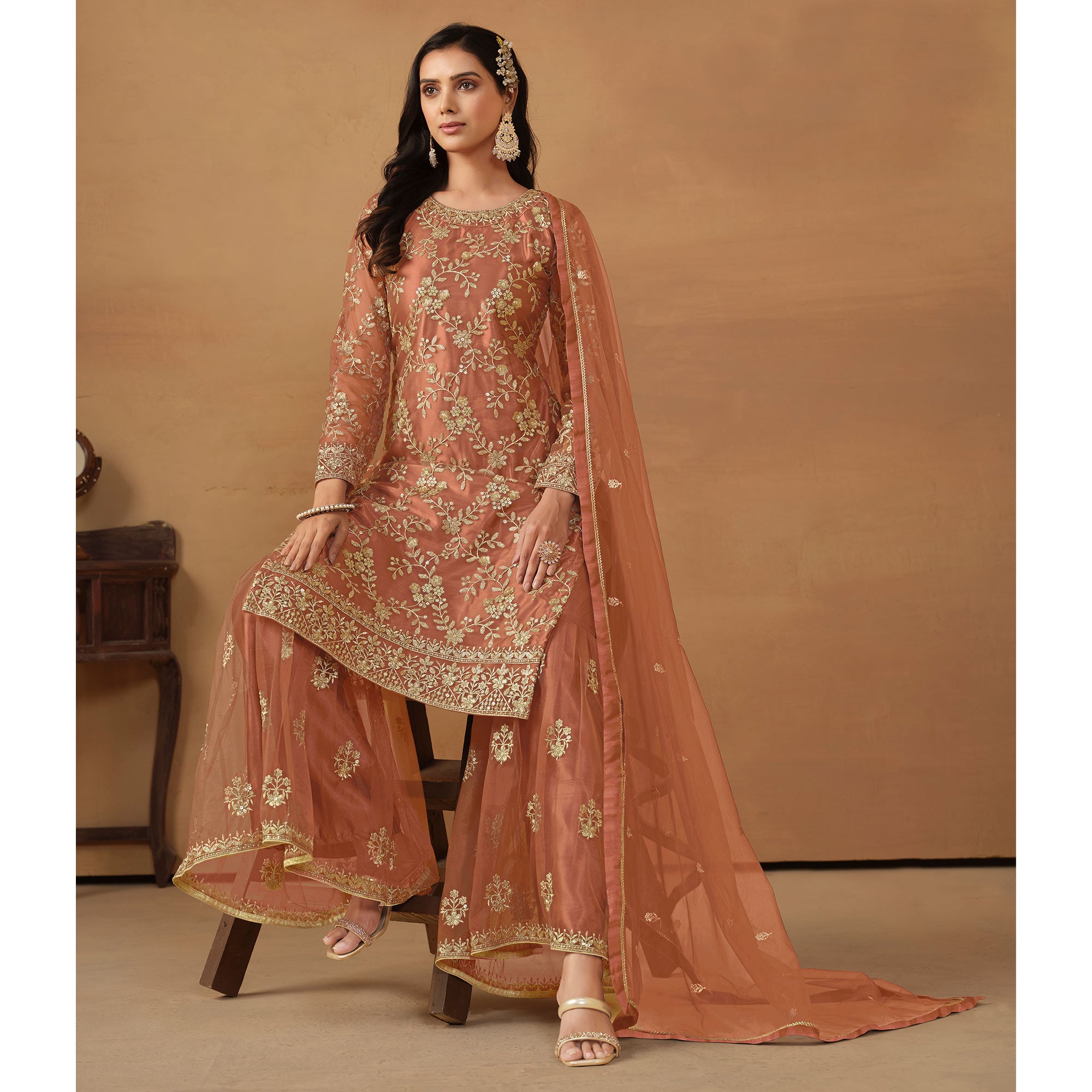 Dusty Orange Floral Embroidered Net Semi Stitched Sharara Suit