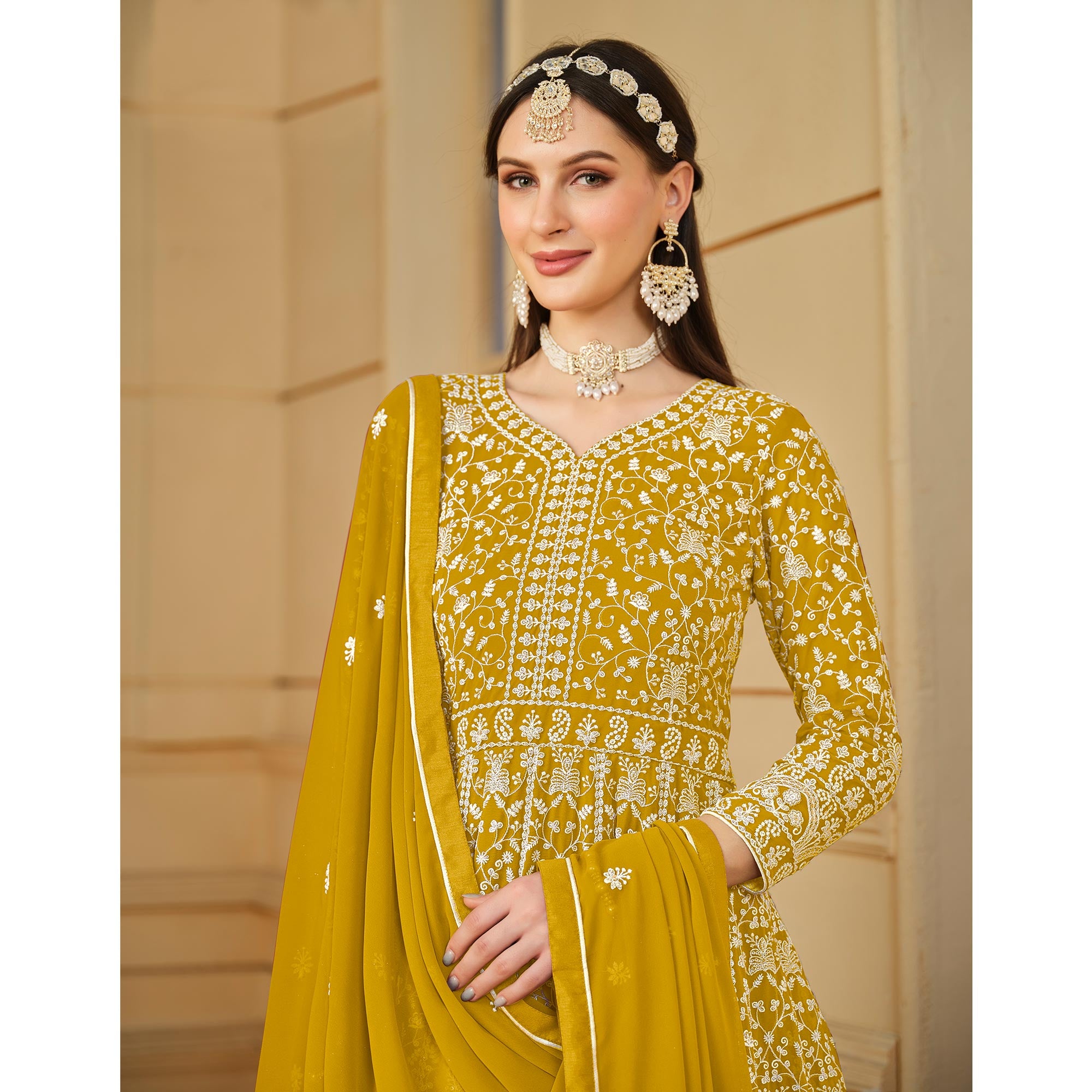 Yellow Floral Embroidered Georgette Semi Stitched Anarkali Suit
