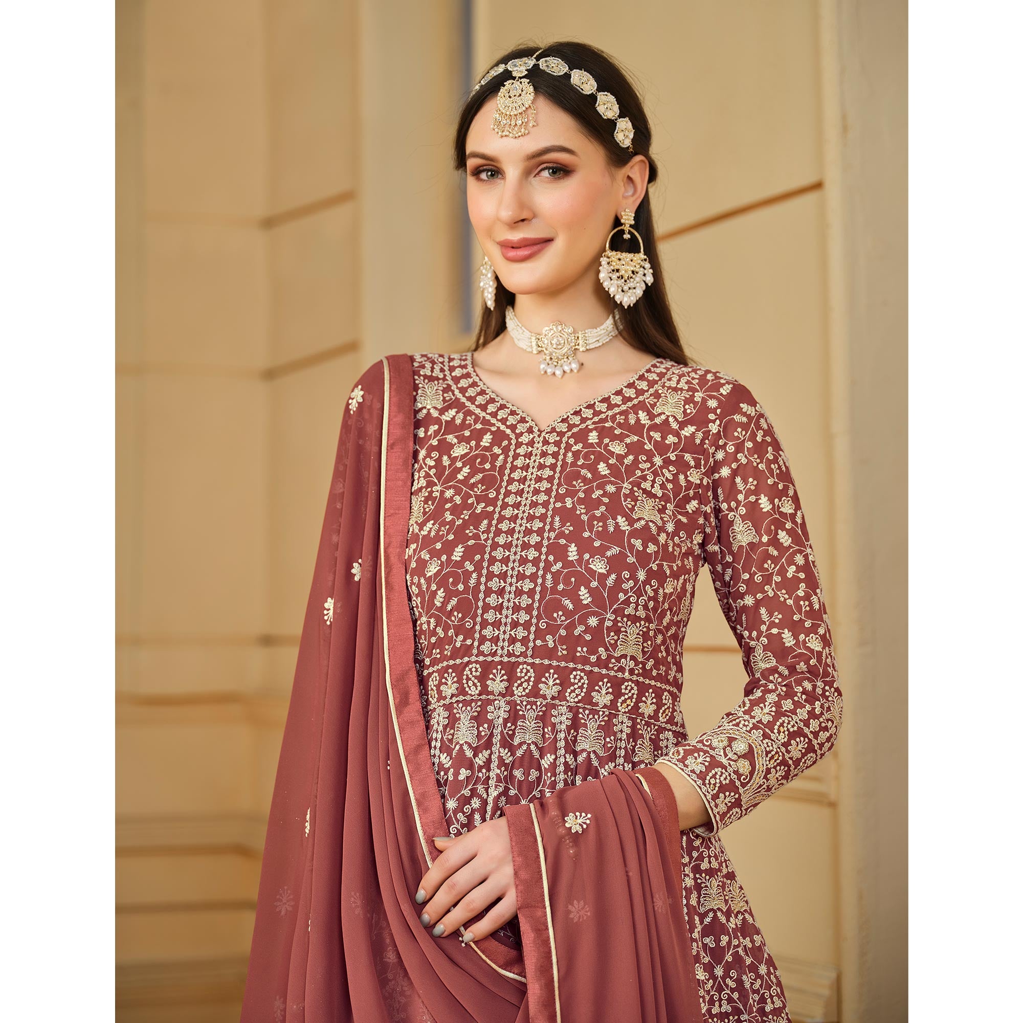 Rust Floral Embroidered Georgette Semi Stitched Anarkali Suit