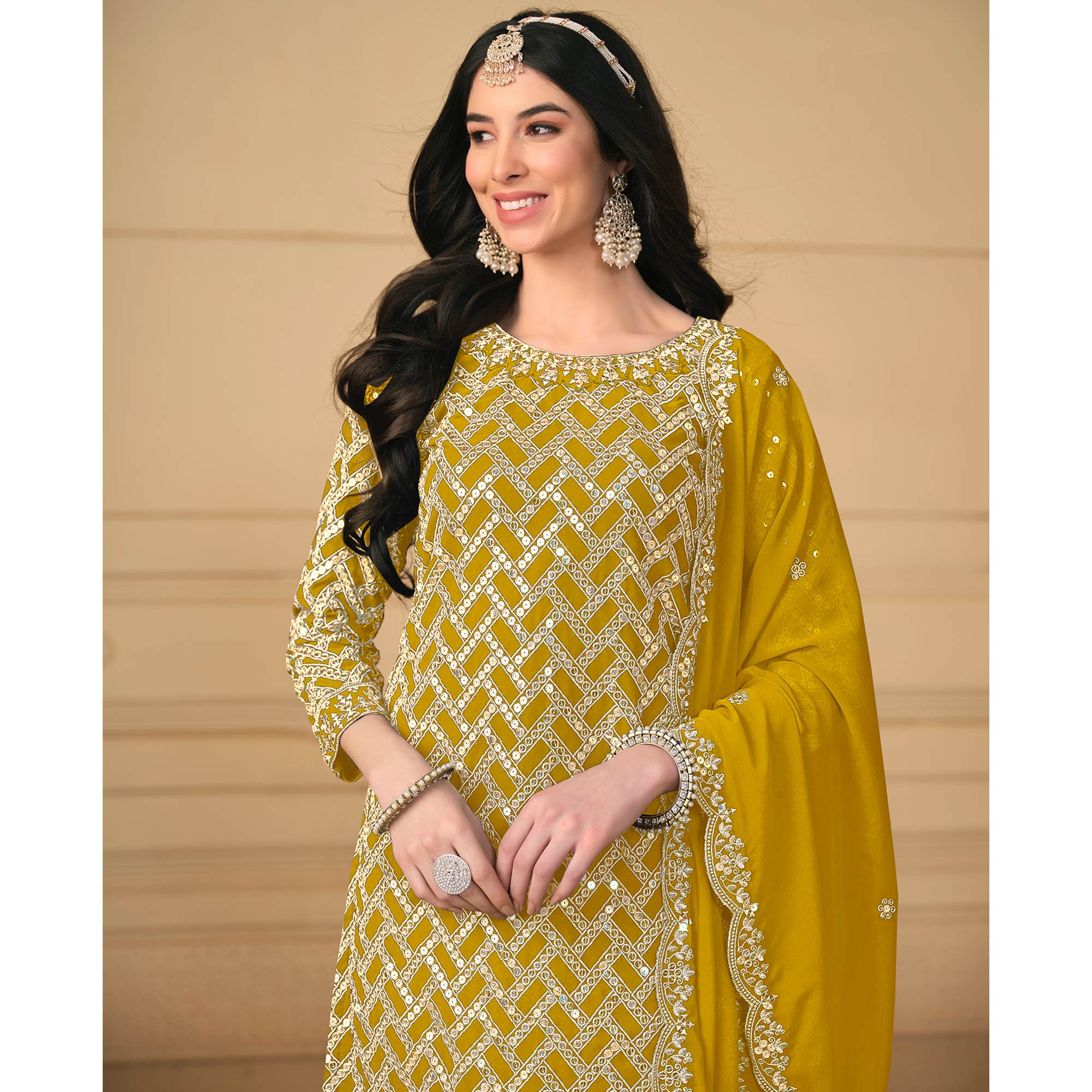 Mustard Sequins Embroidered Georgette Semi Stitched Sharara Suit