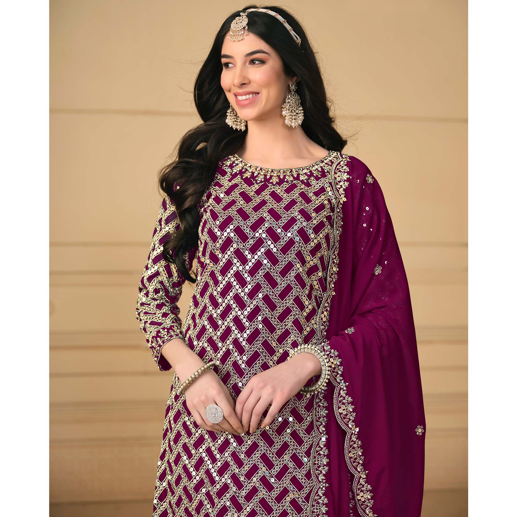 Purple Sequins Embroidered Georgette Semi Stitched Sharara Suit