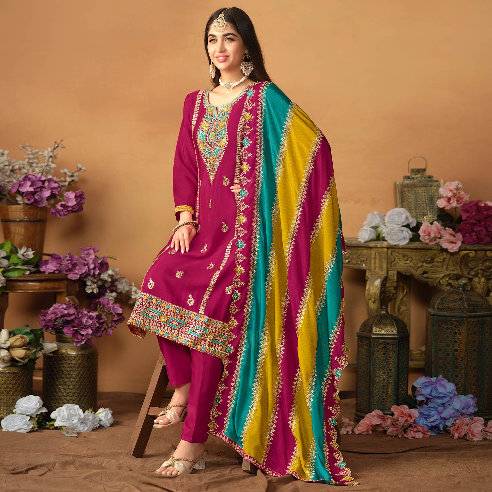 Pink Floral Sequins Embroidered Chinon Silk Semi Stitched Salwar Suit