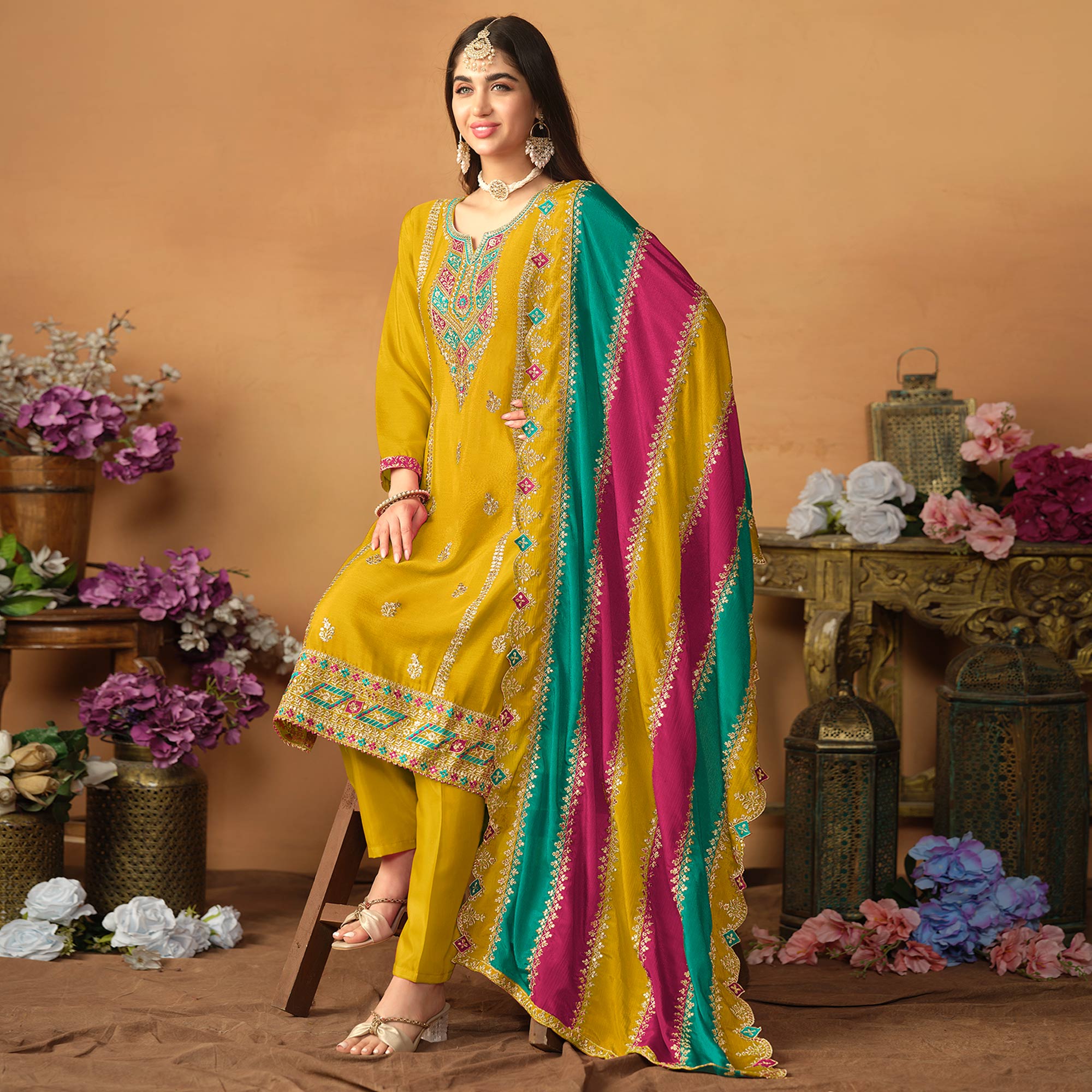 Yellow Floral Sequins Embroidered Chinon Silk Semi Stitched Salwar Suit