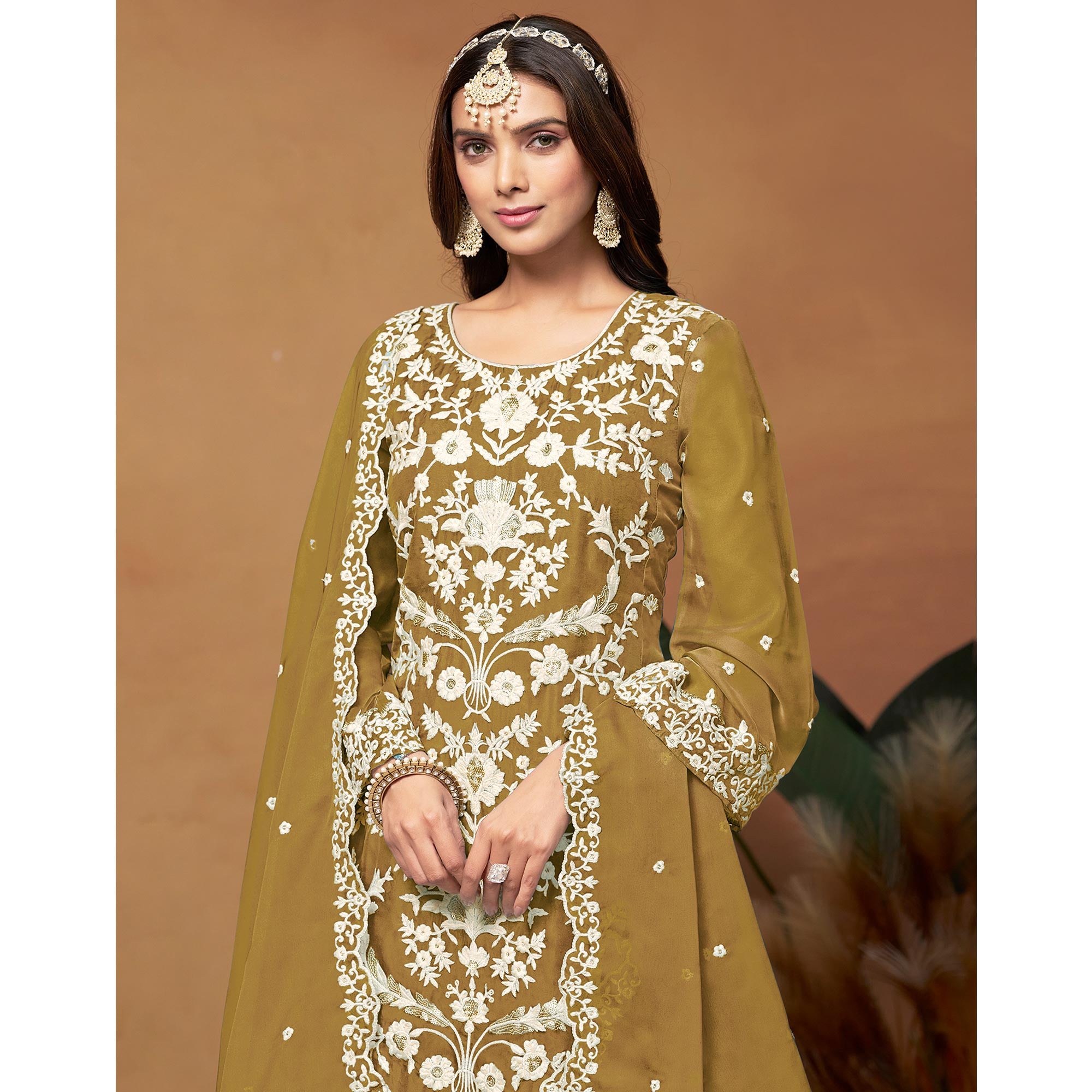 Mustard Floral Sequins Embroidered Organza Semi Stitched Salwar Suit