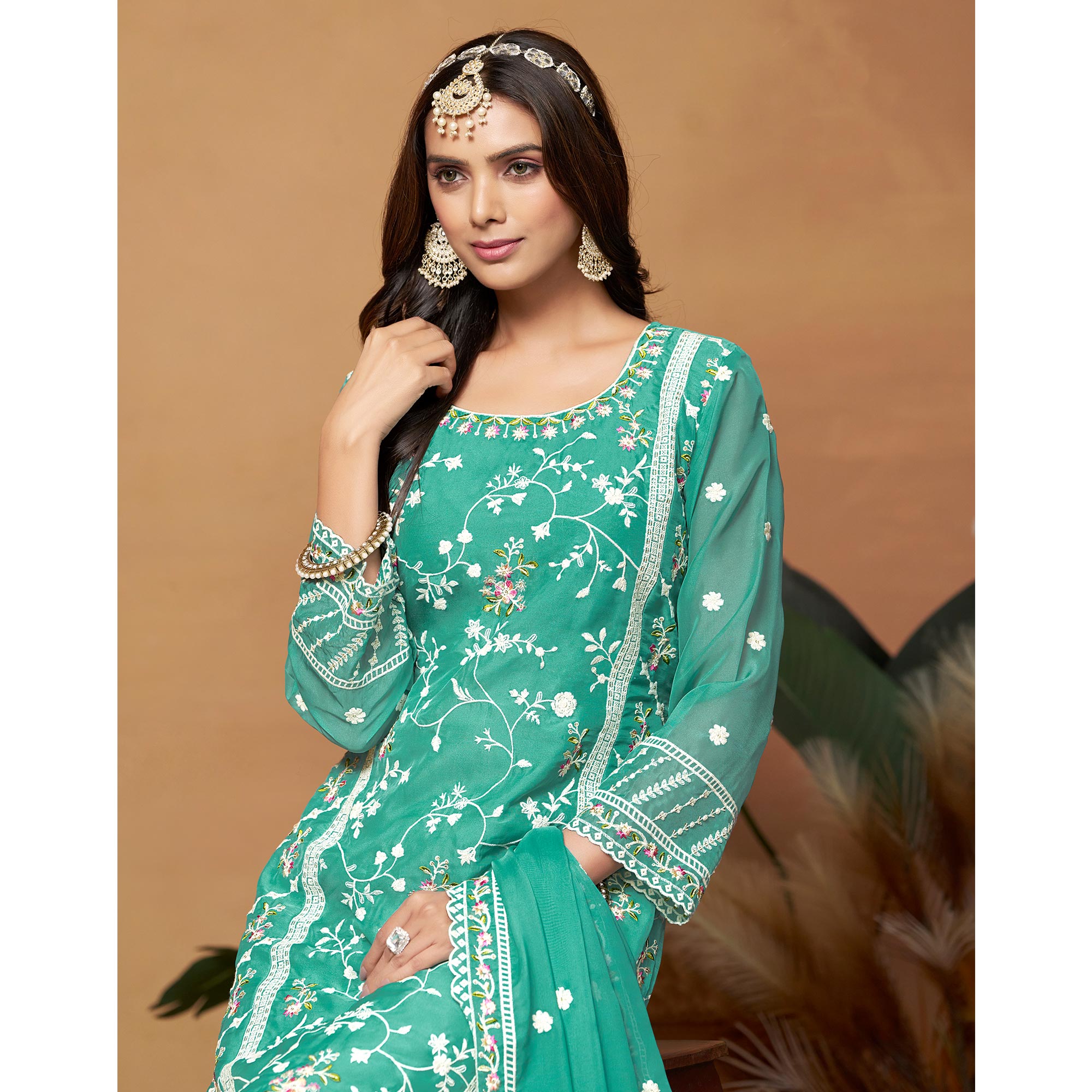 Rama Green Floral Embroidered Organza Semi Stitched Dress Material