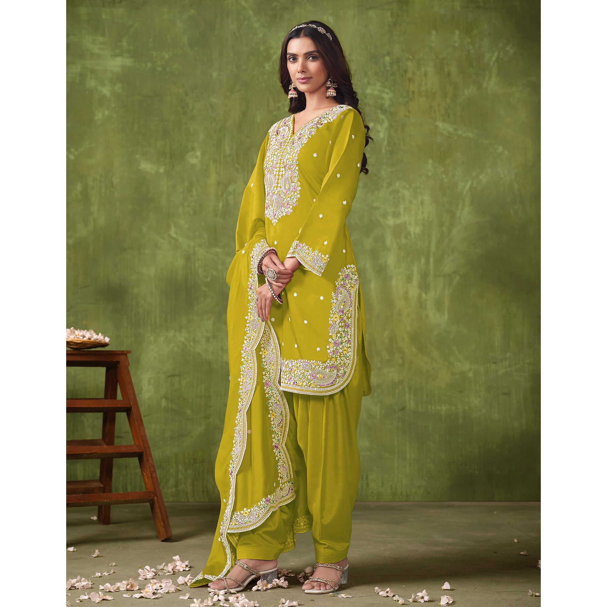 Olive Floral Embroidered Pure Silk Unstitched Dress Material