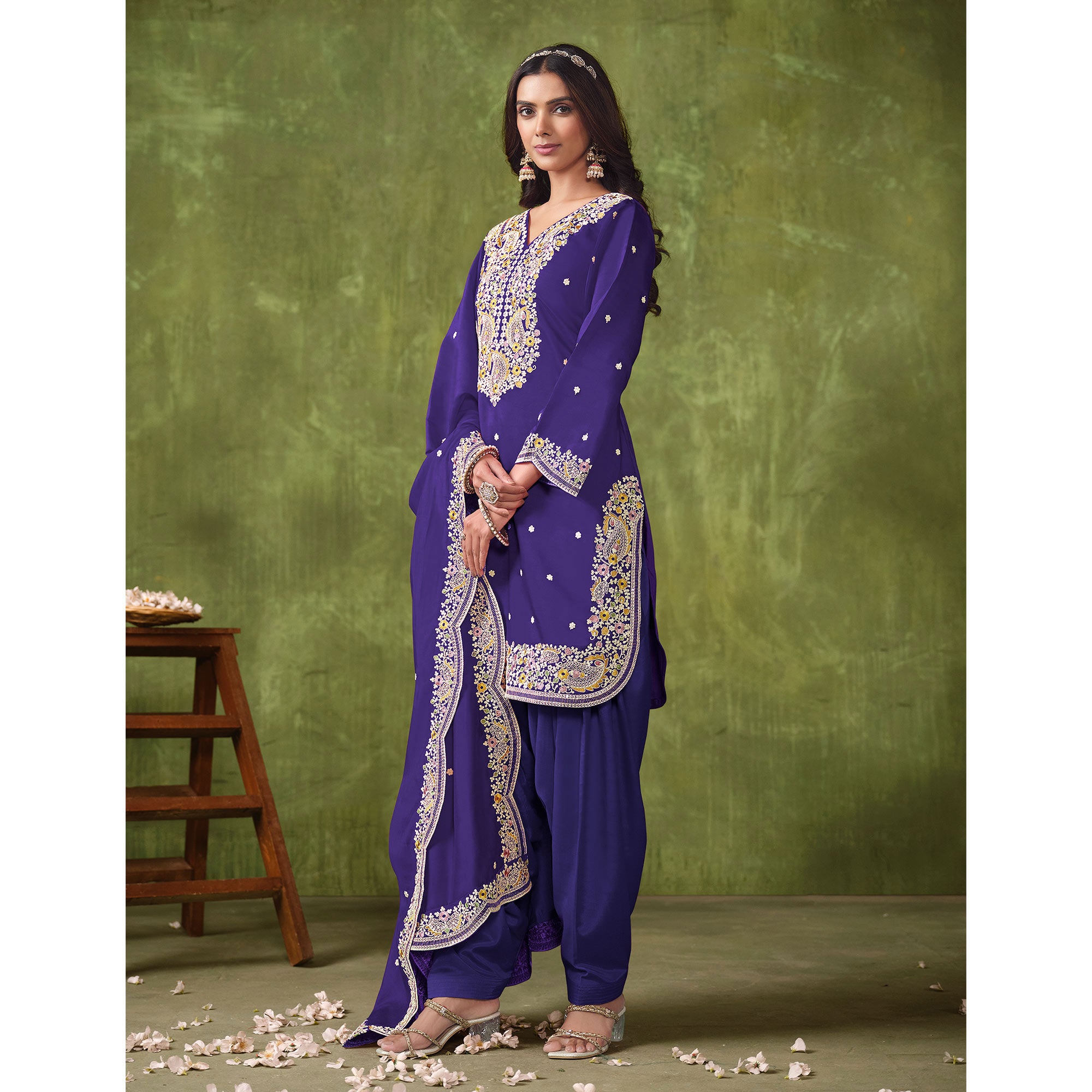 Purple Floral Embroidered Pure Silk Unstitched Dress Material