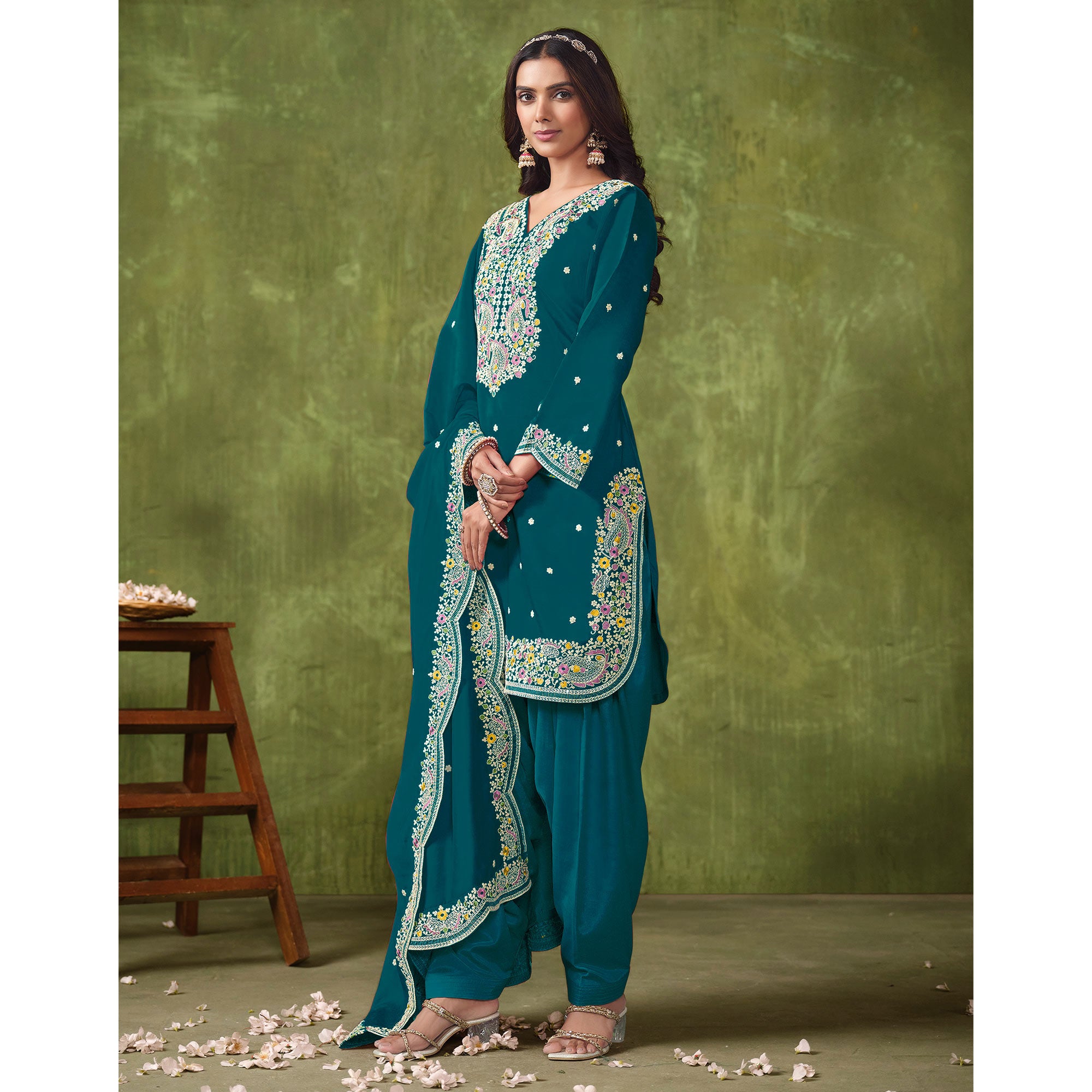 Teal Floral Embroidered Pure Silk Unstitched Dress Material