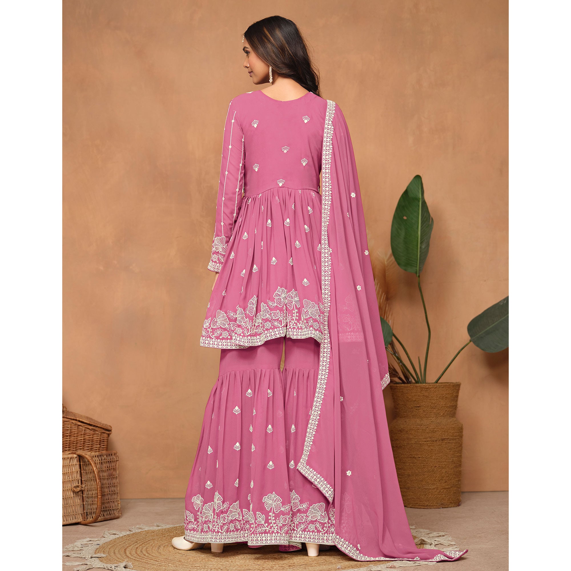Pink Floral Embroidered Georgette Semi Stitched Suit