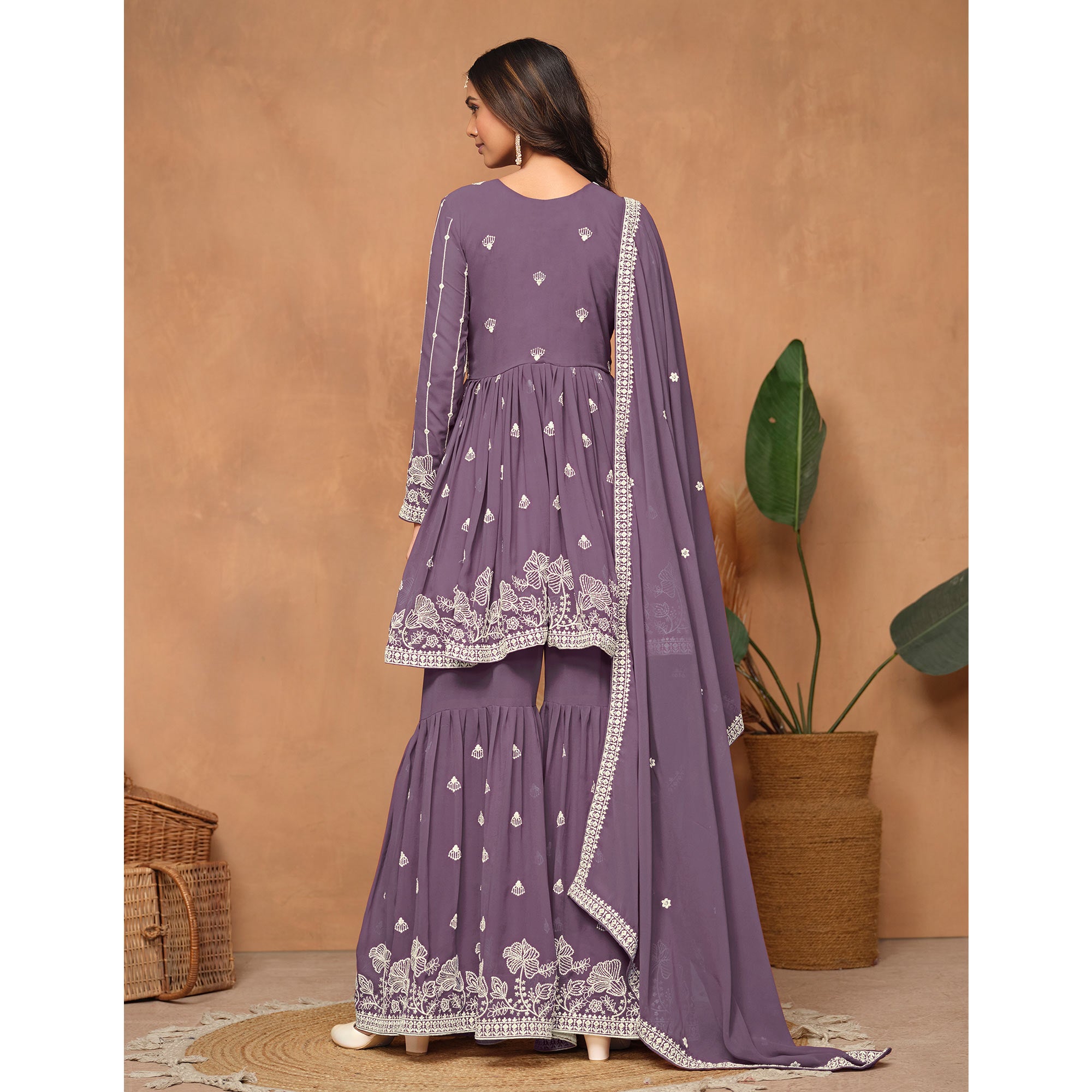 Purple Floral Embroidered Georgette Semi Stitched Suit