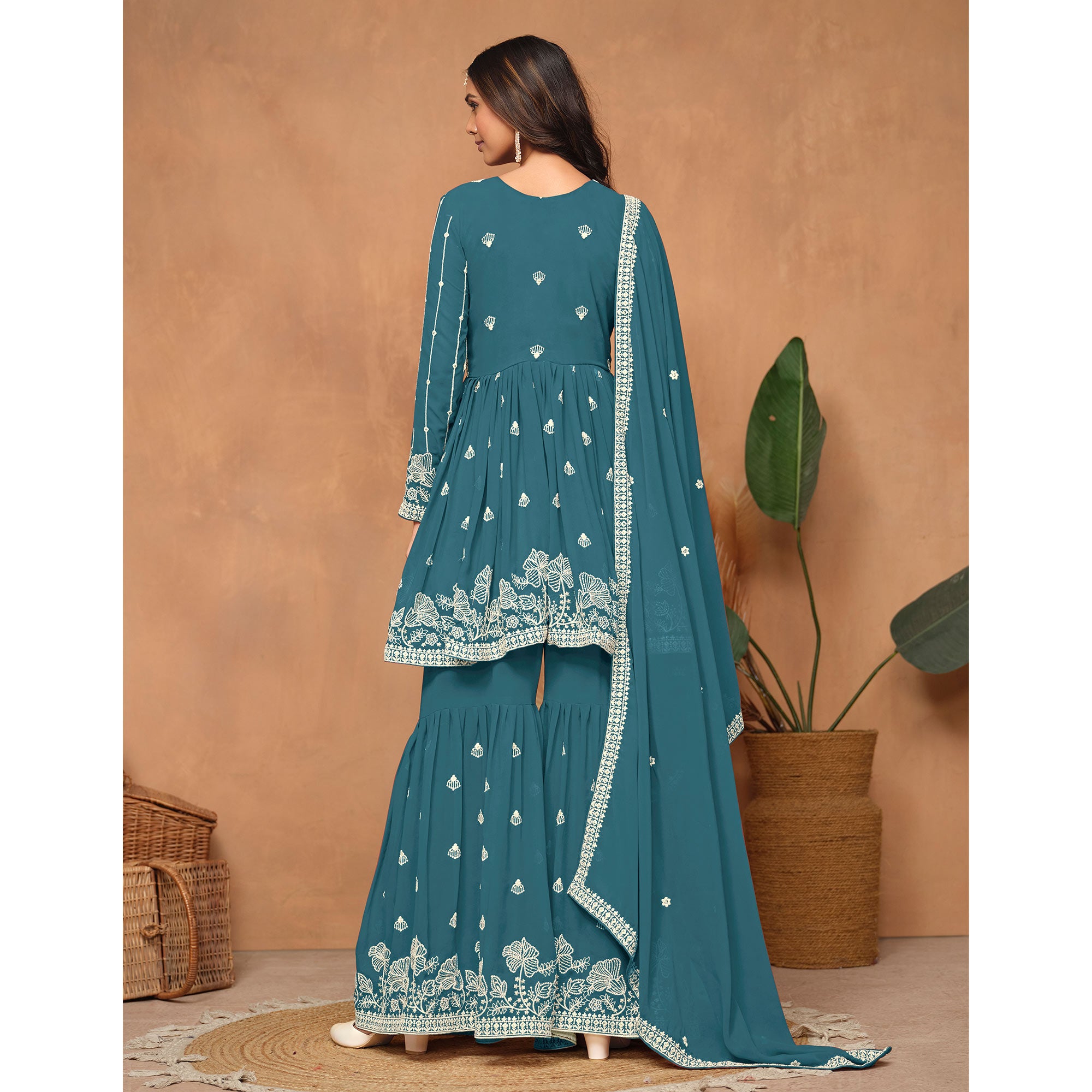 Teal Floral Embroidered Georgette Semi Stitched Suit