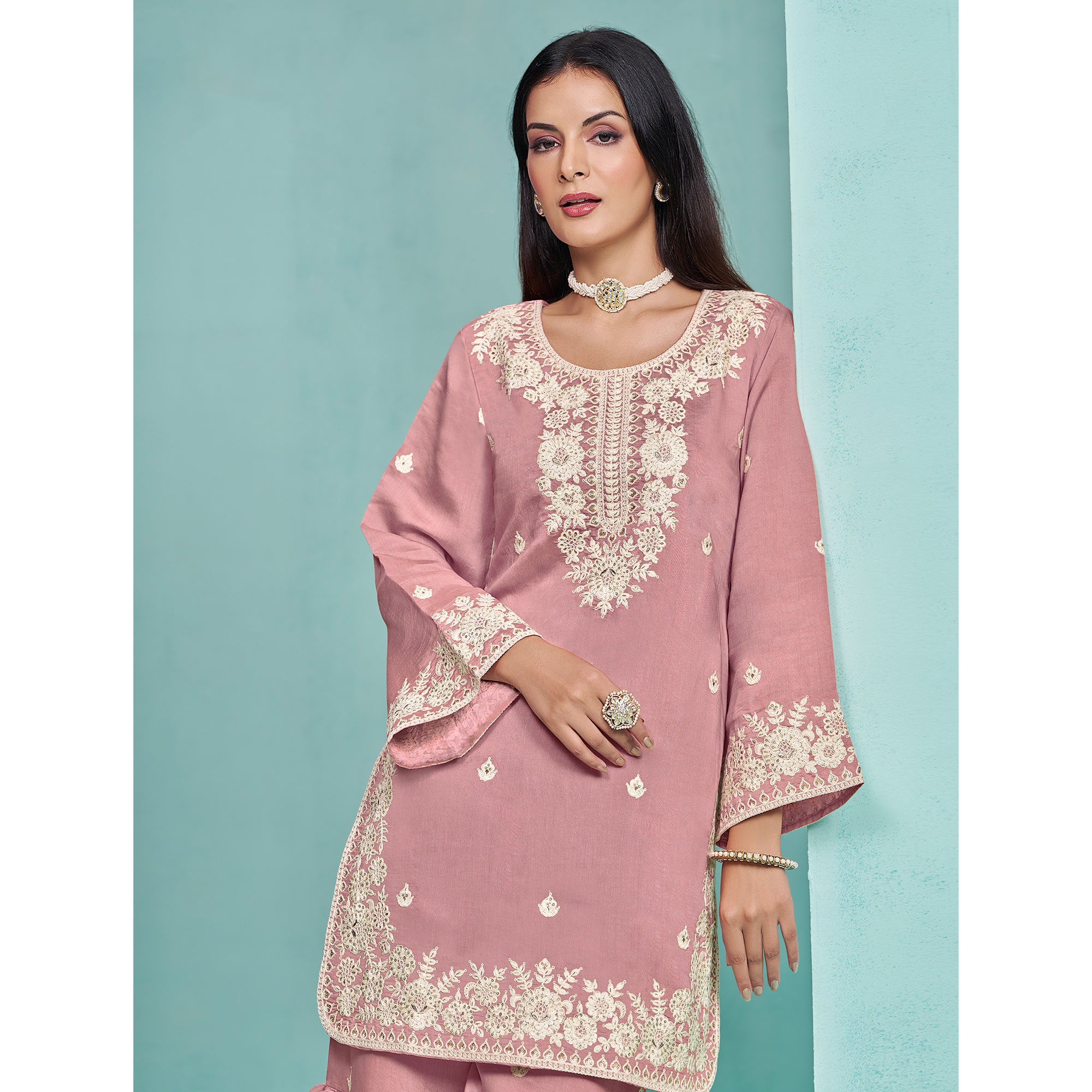 Pink Floral Sequins Embroidered Chanderi Semi Stitched Sharara Suit