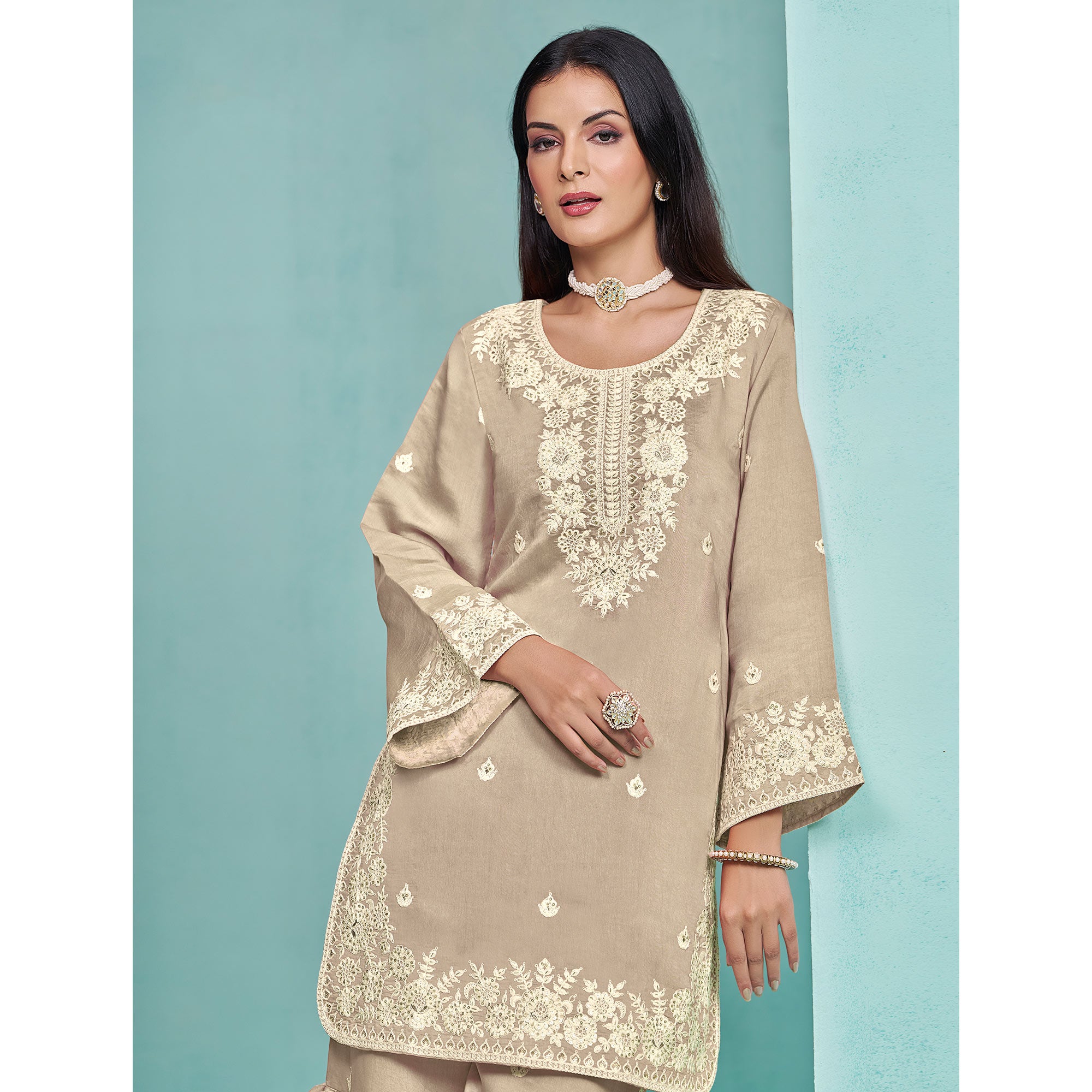 Cream Floral Sequins Embroidered Chanderi Semi Stitched Sharara Suit