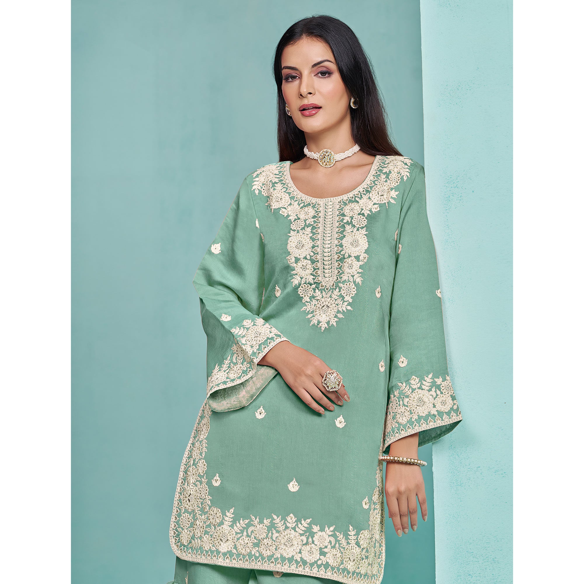 Turquoise Floral Sequins Embroidered Chanderi Semi Stitched Sharara Suit