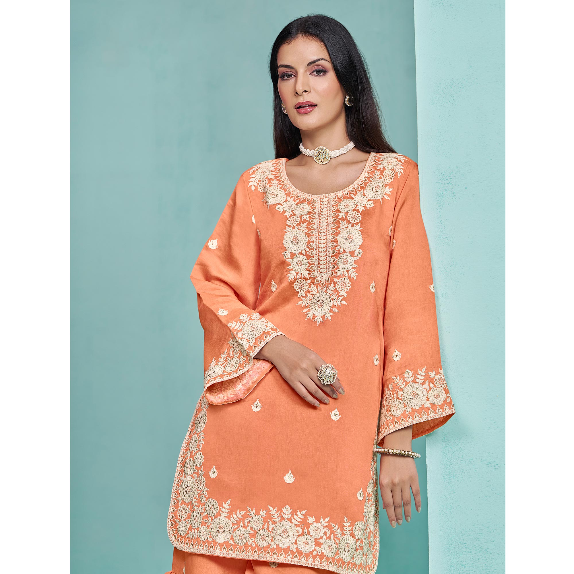 Orange Floral Sequins Embroidered Chanderi Semi Stitched Sharara Suit