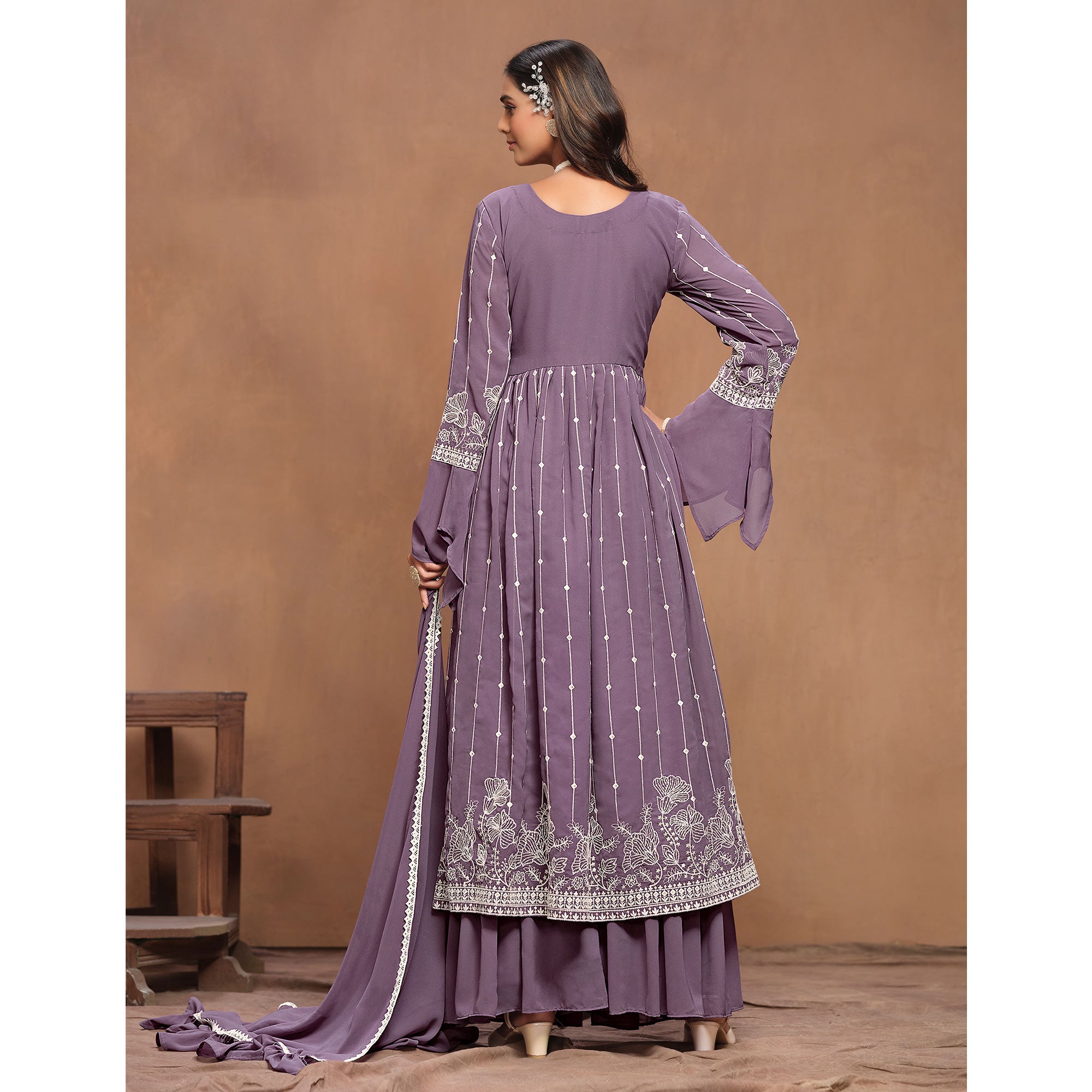 Purple Floral Embroidered Georgette Semi Stitched Alia Cut Sharara Suit