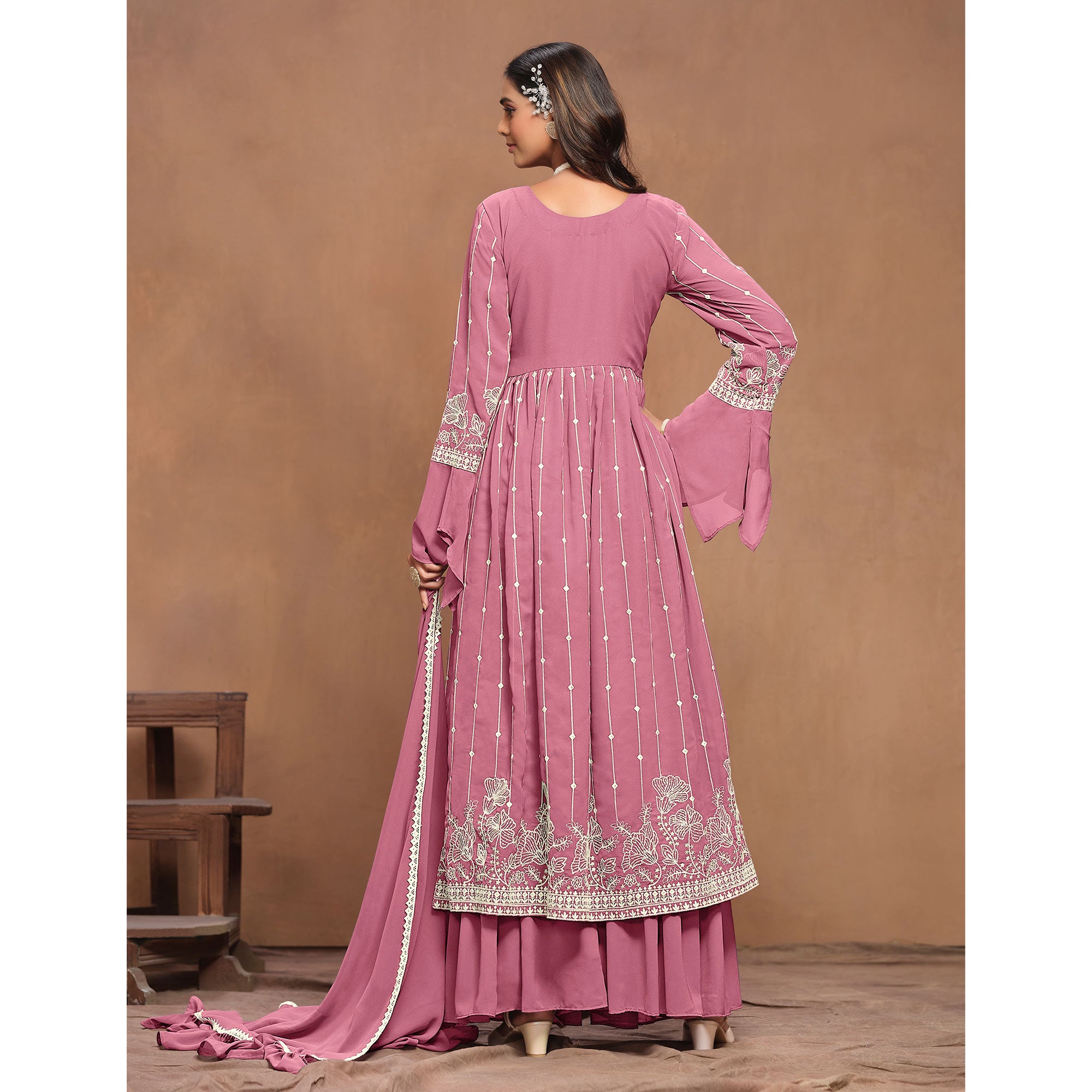 Pink Floral Embroidered Georgette Semi Stitched Alia Cut Sharara Suit