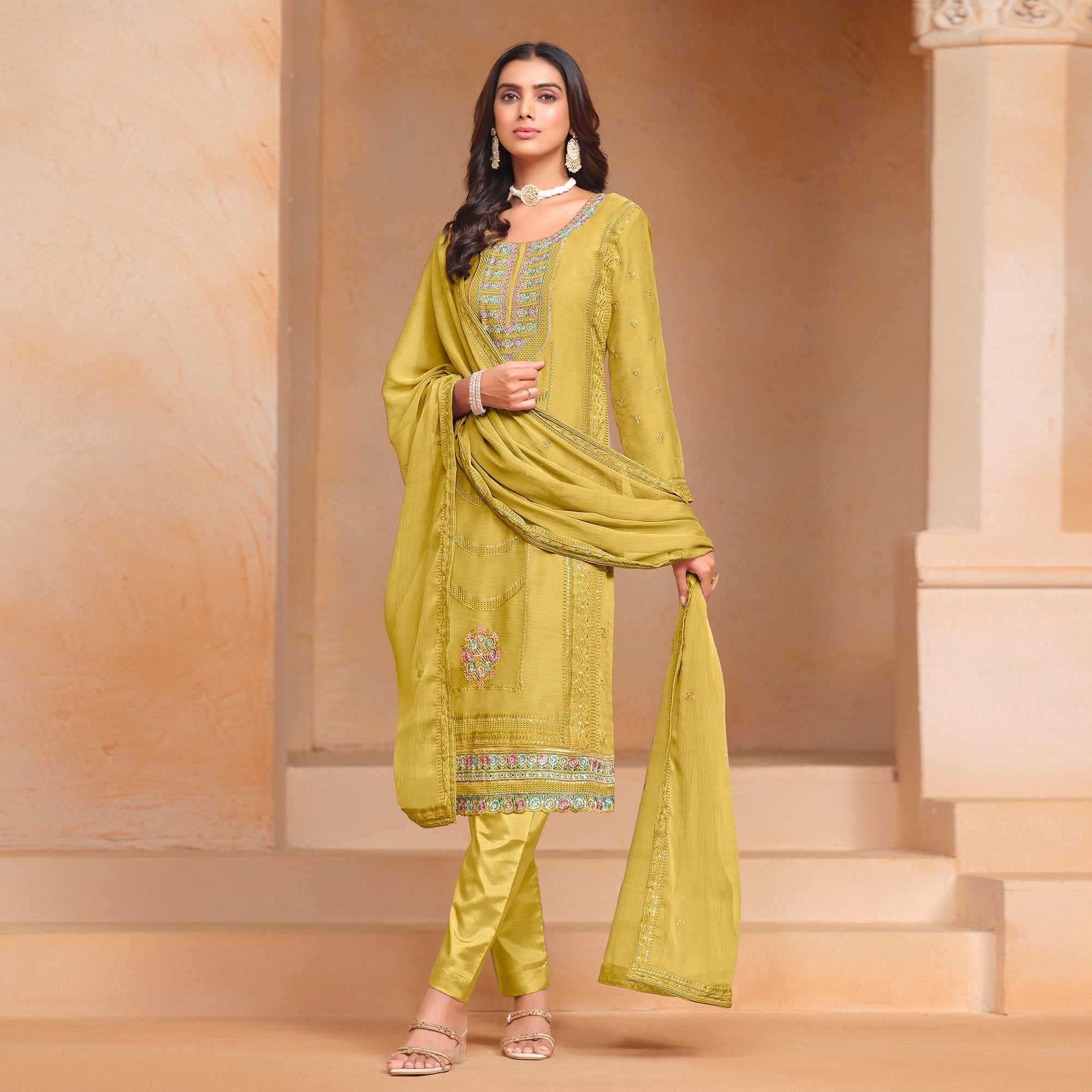 Yellow Floral Embroidered Organza Semi Stitched Salwar Suit