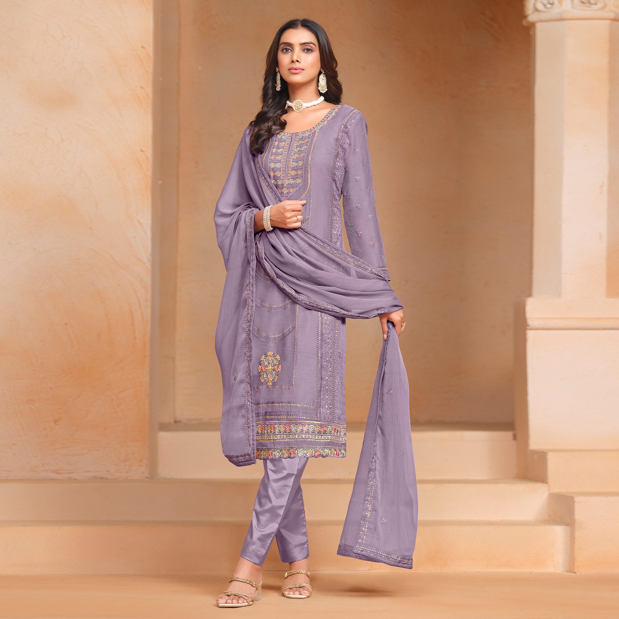 Lavender Floral Embroidered Organza Semi Stitched Salwar Suit