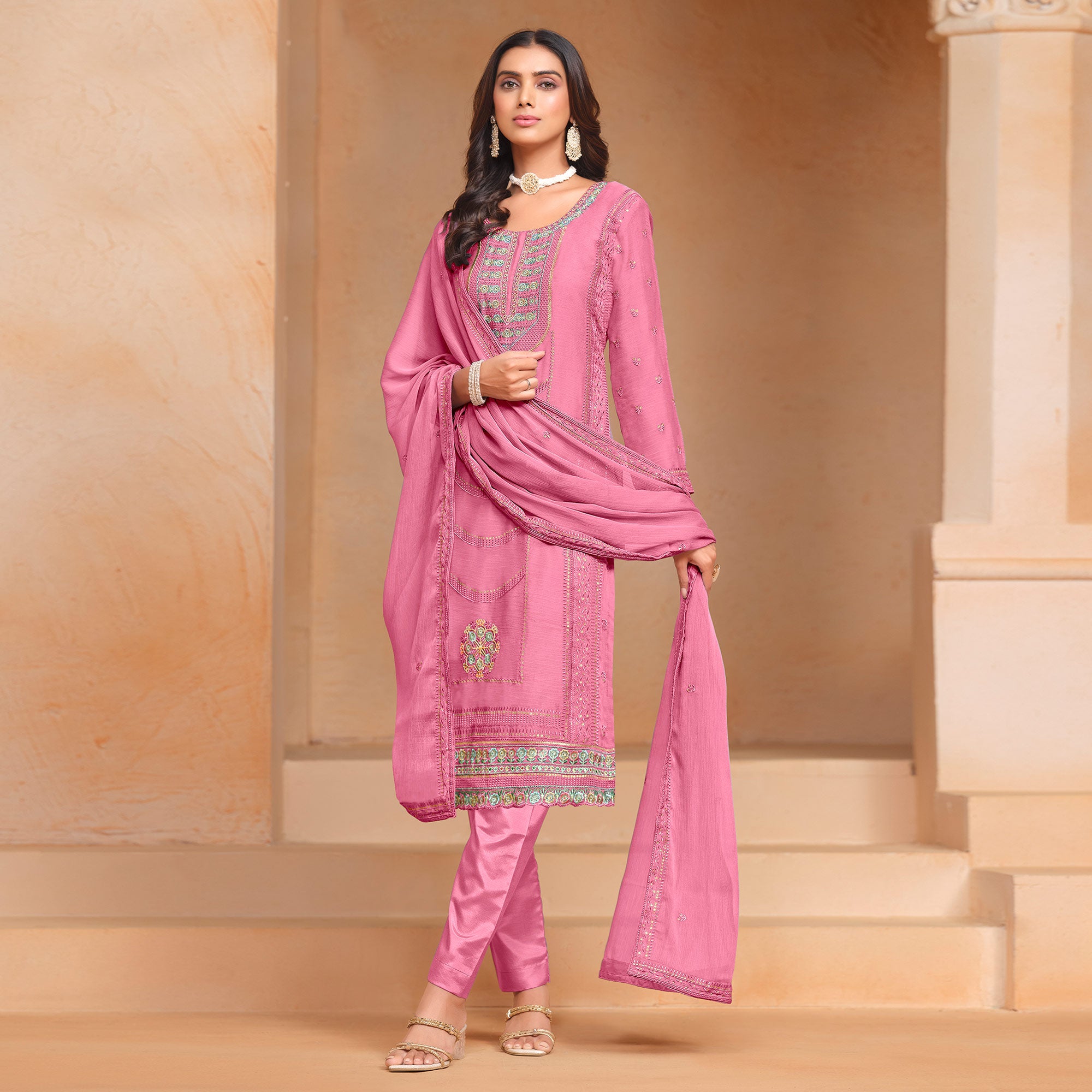 Pink Floral Embroidered Organza Semi Stitched Salwar Suit