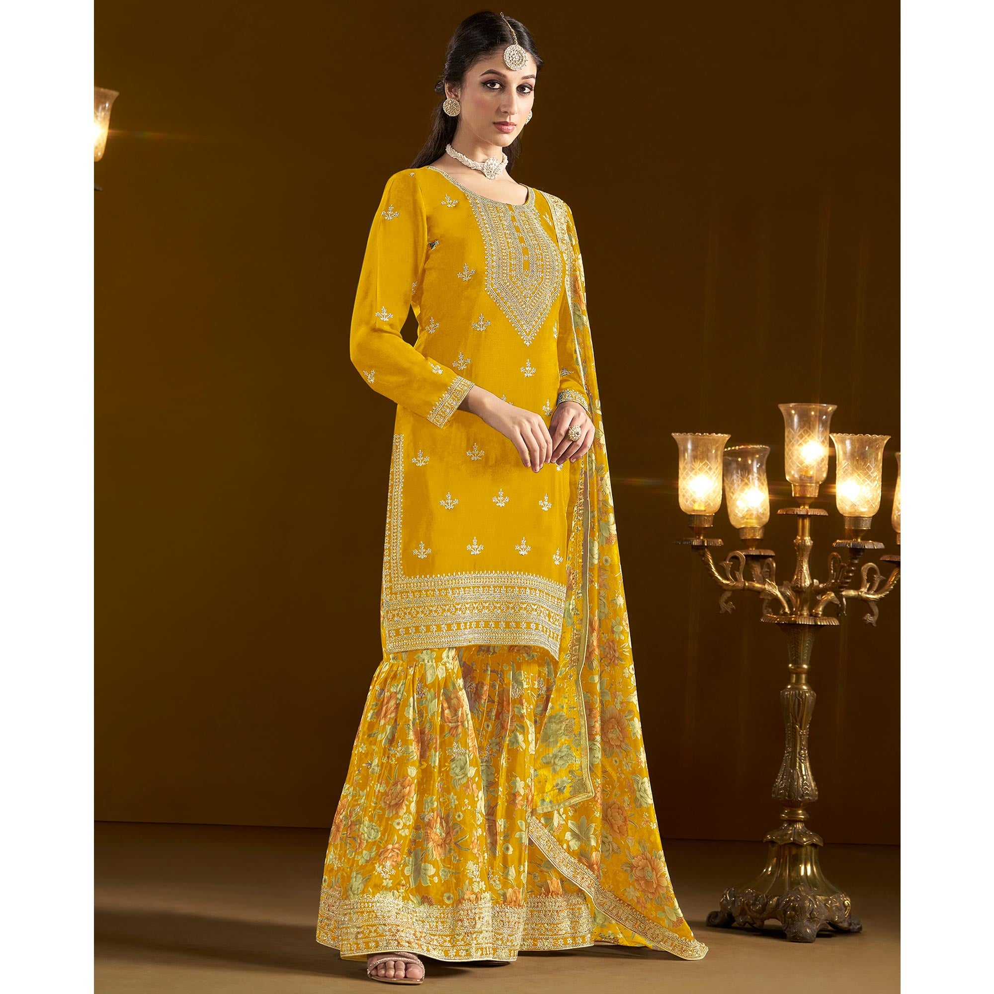 Mustard Floral Embroidered Chinon Semi Stitched Salwar Suit