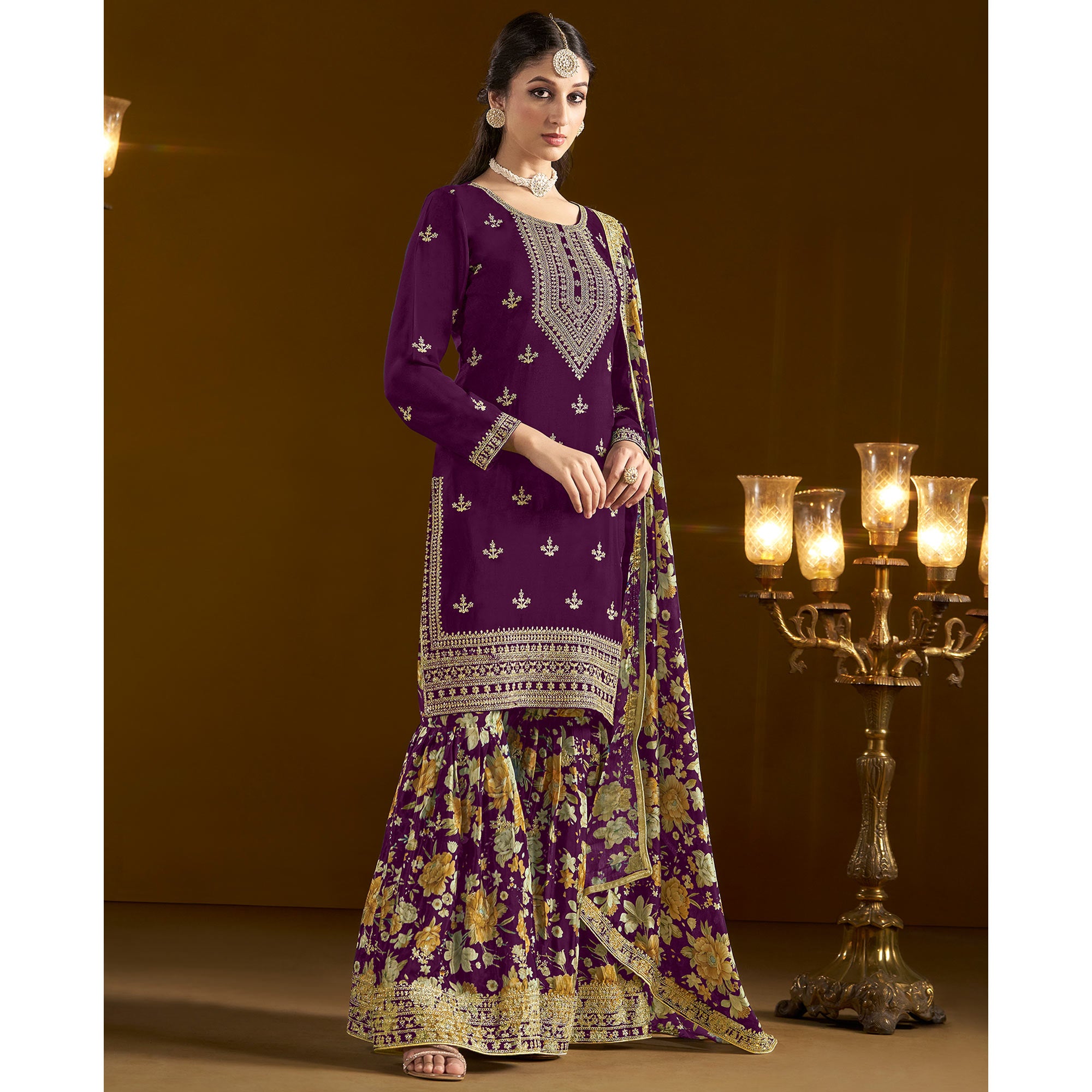 Purple Floral Embroidered Chinon Semi Stitched Salwar Suit