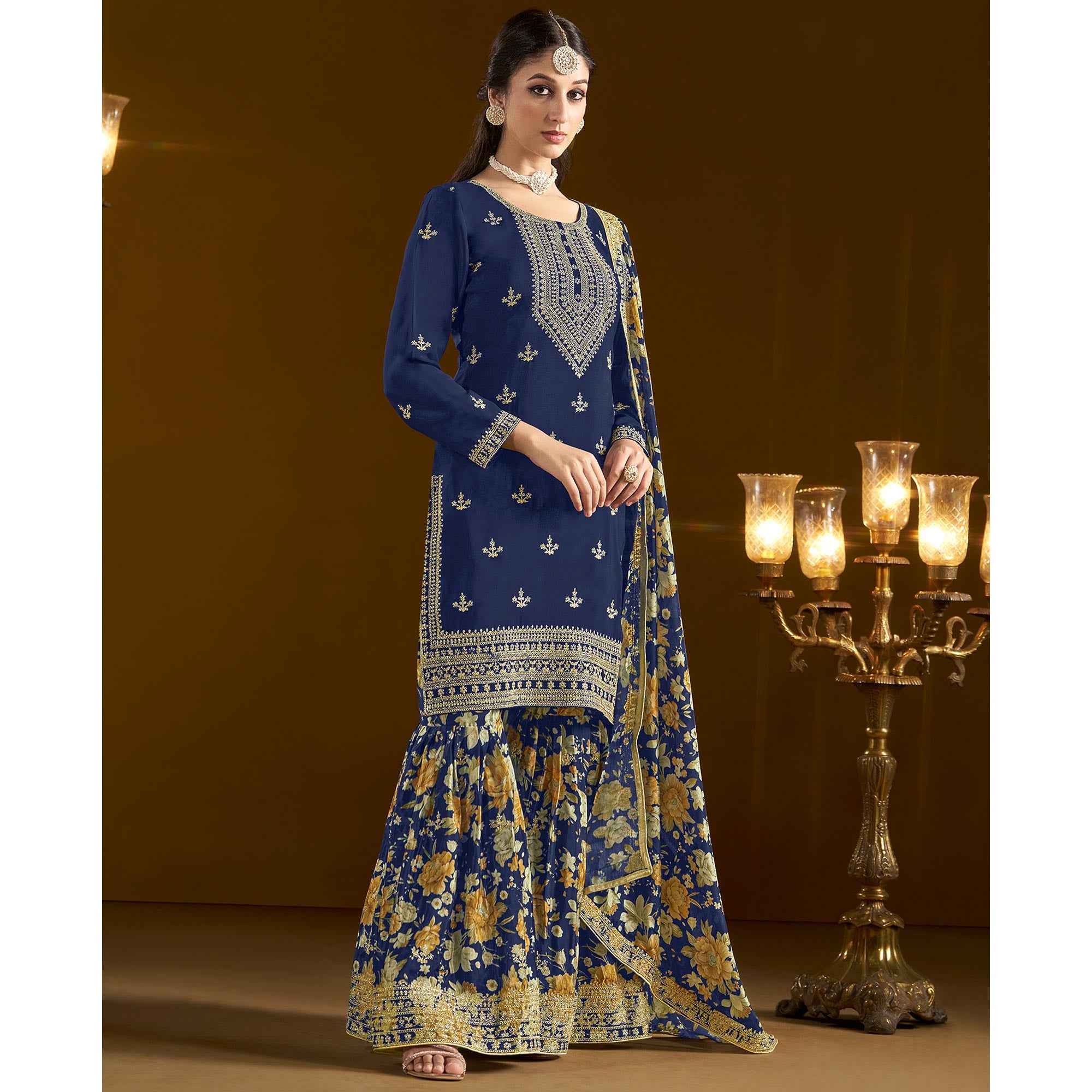 Blue Floral Embroidered Chinon Semi Stitched Salwar Suit