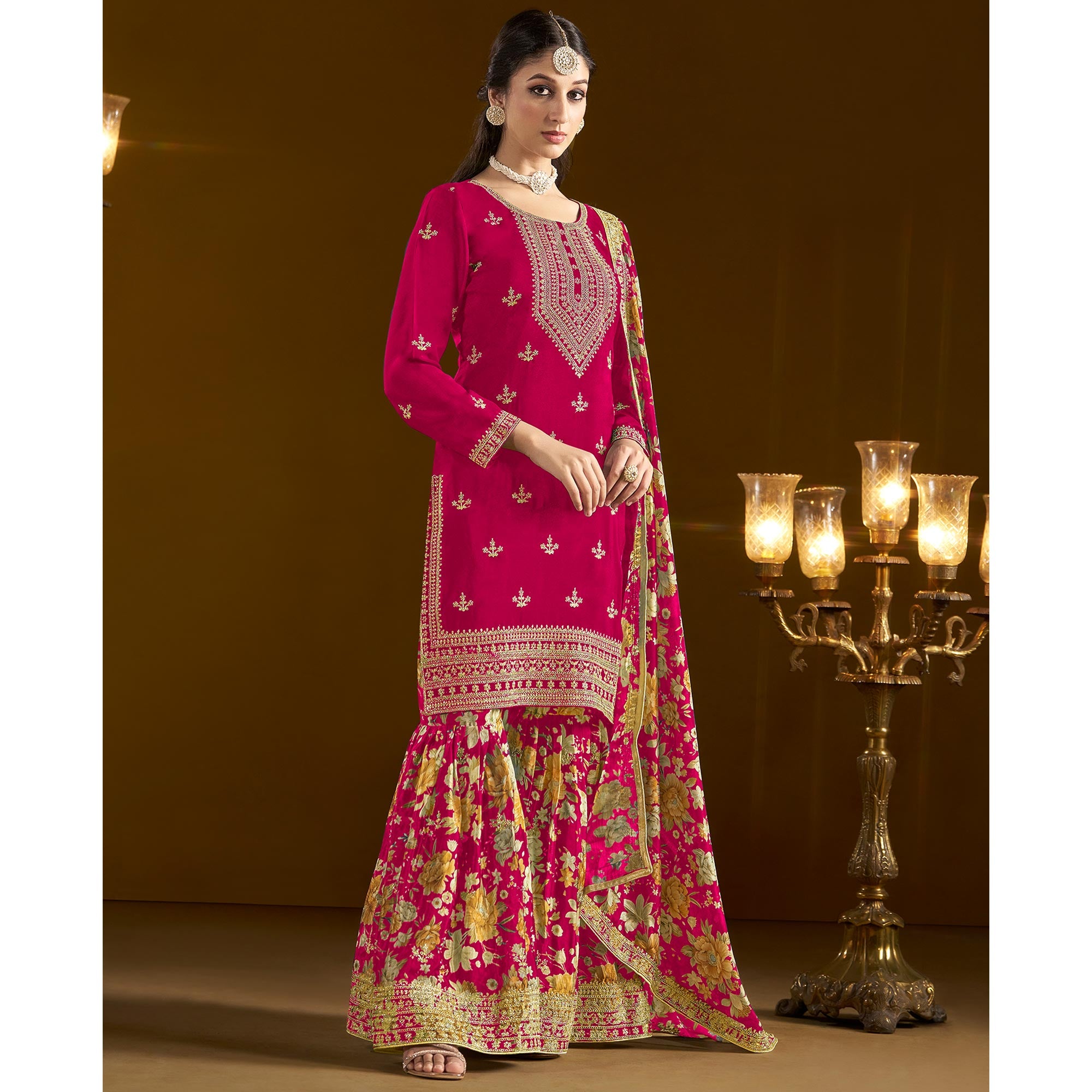 Pink Floral Embroidered Chinon Semi Stitched Salwar Suit