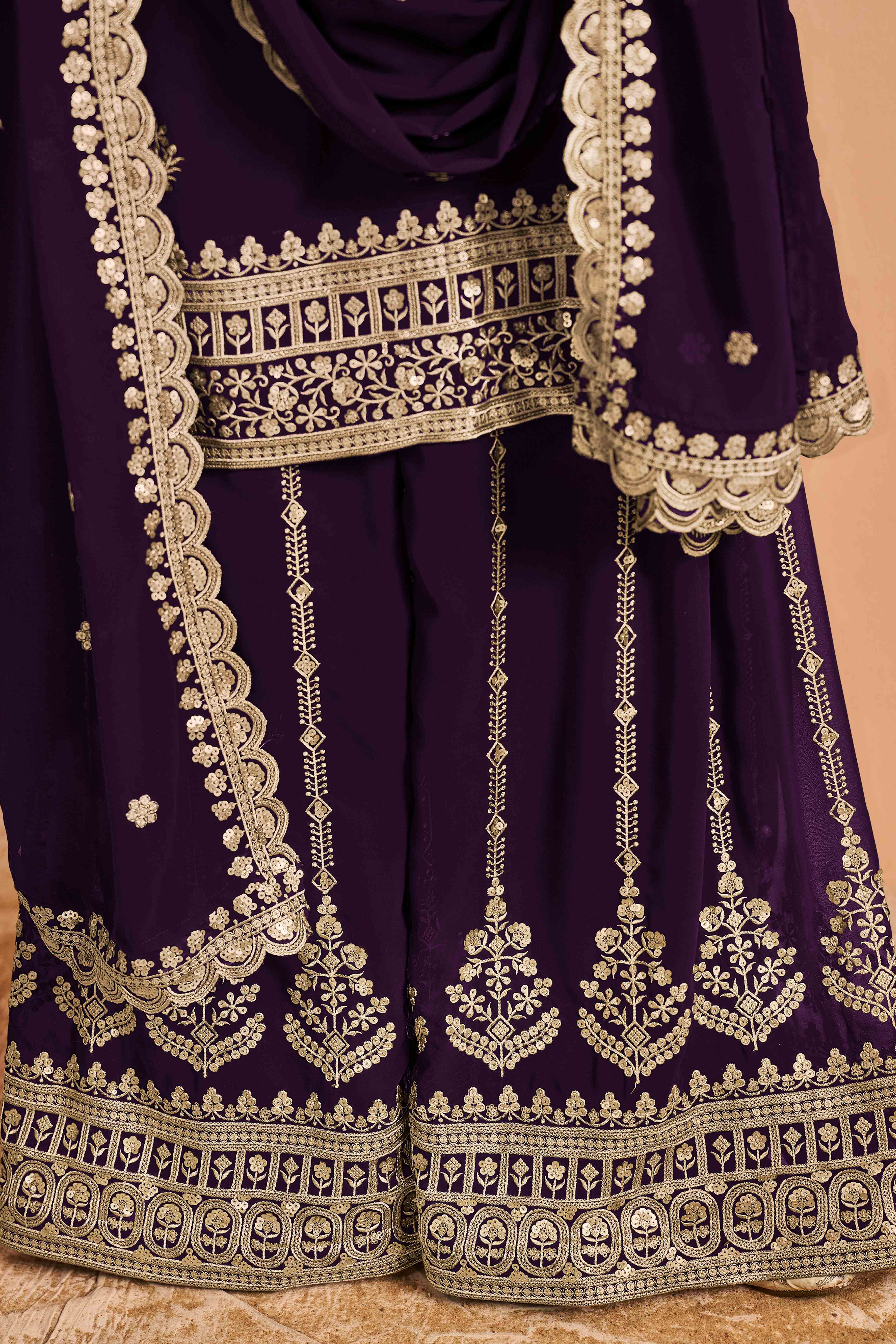 Purple Floral Embroidery Georgette Semi Stitched Palazzo Suit