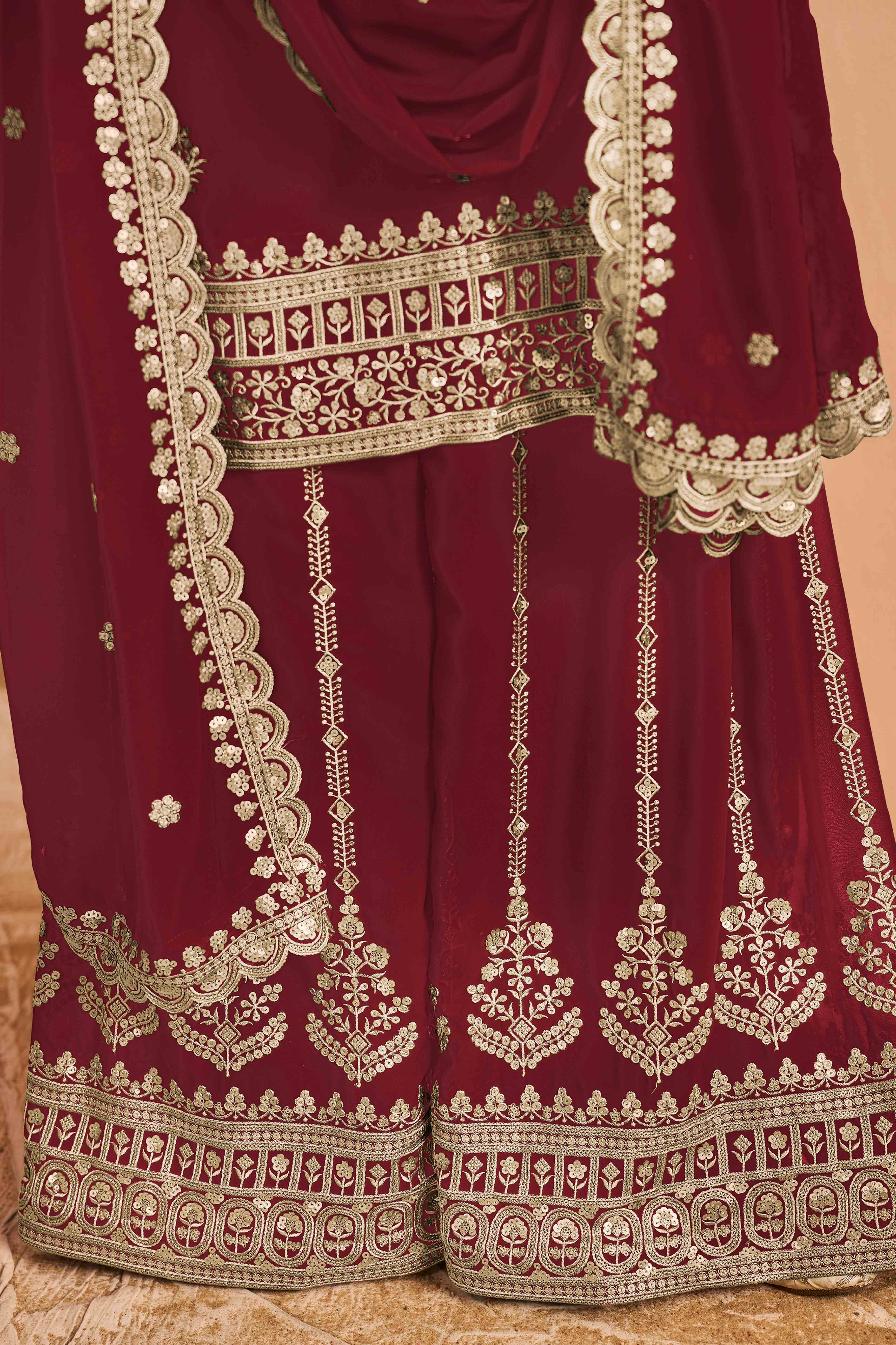 Maroon Floral Embroidery Georgette Semi Stitched Palazzo Suit