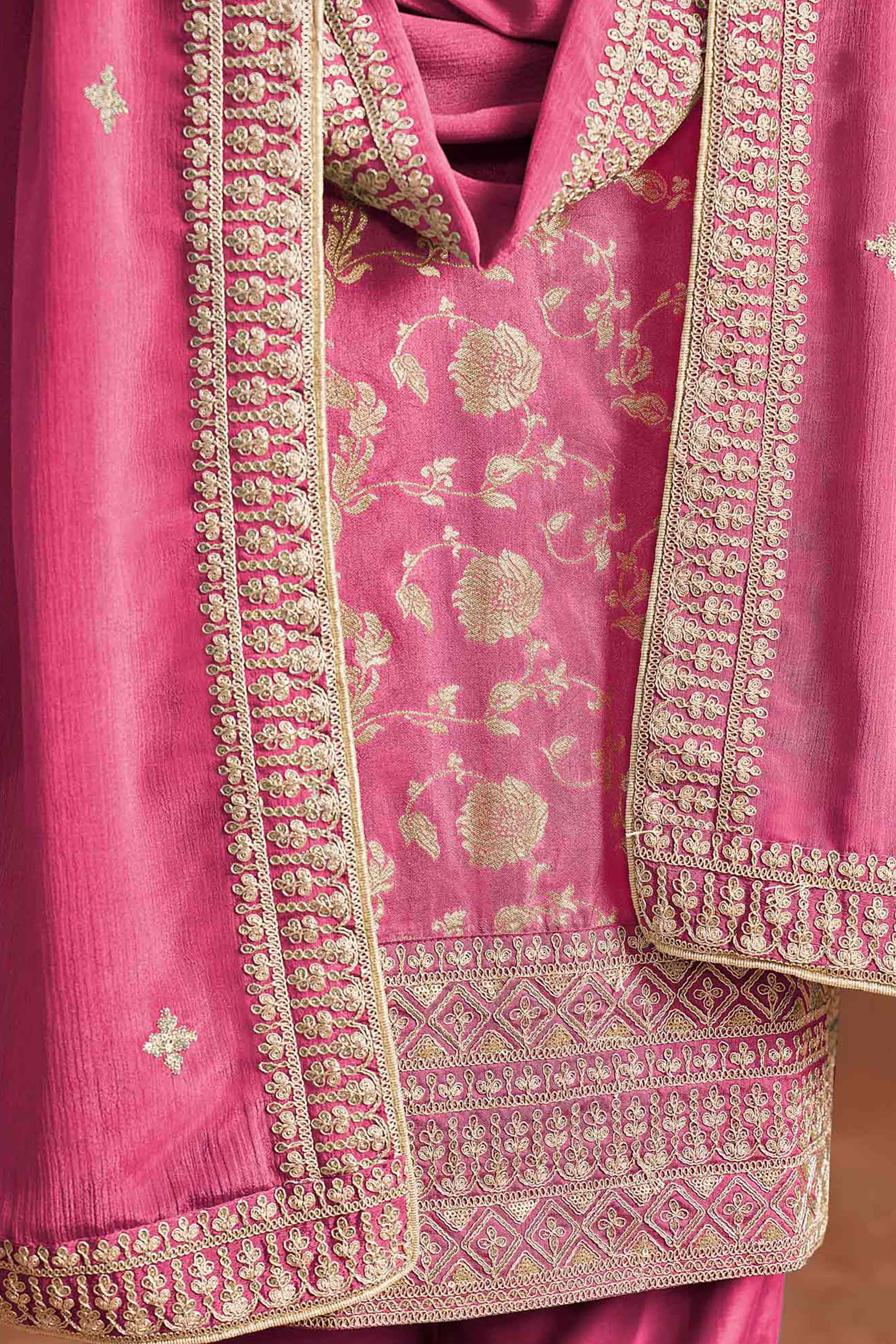 Pink Floral Woven Dola Silk Jacquard Dress Material