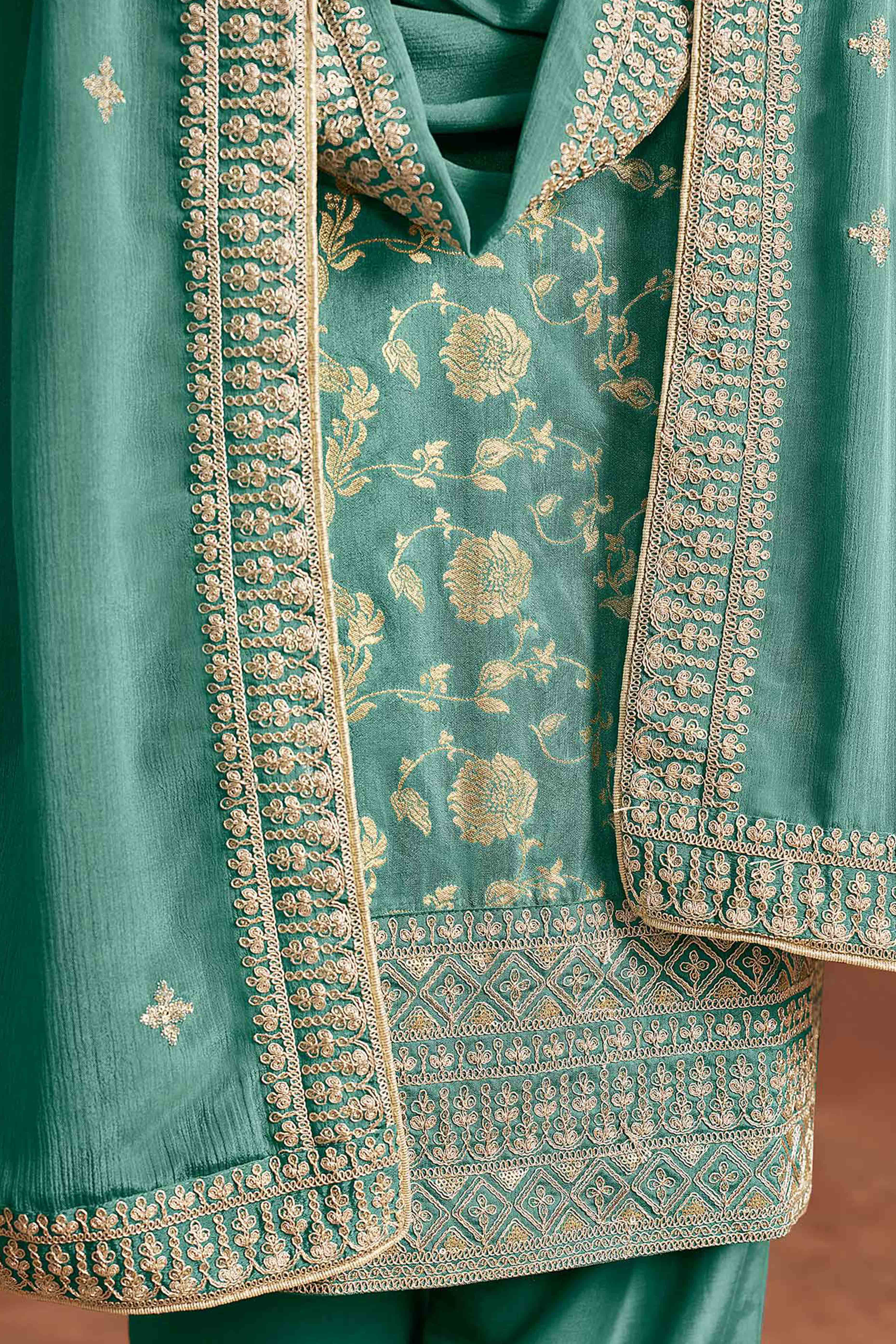 Turquoise Floral Woven Dola Silk Jacquard Dress Material
