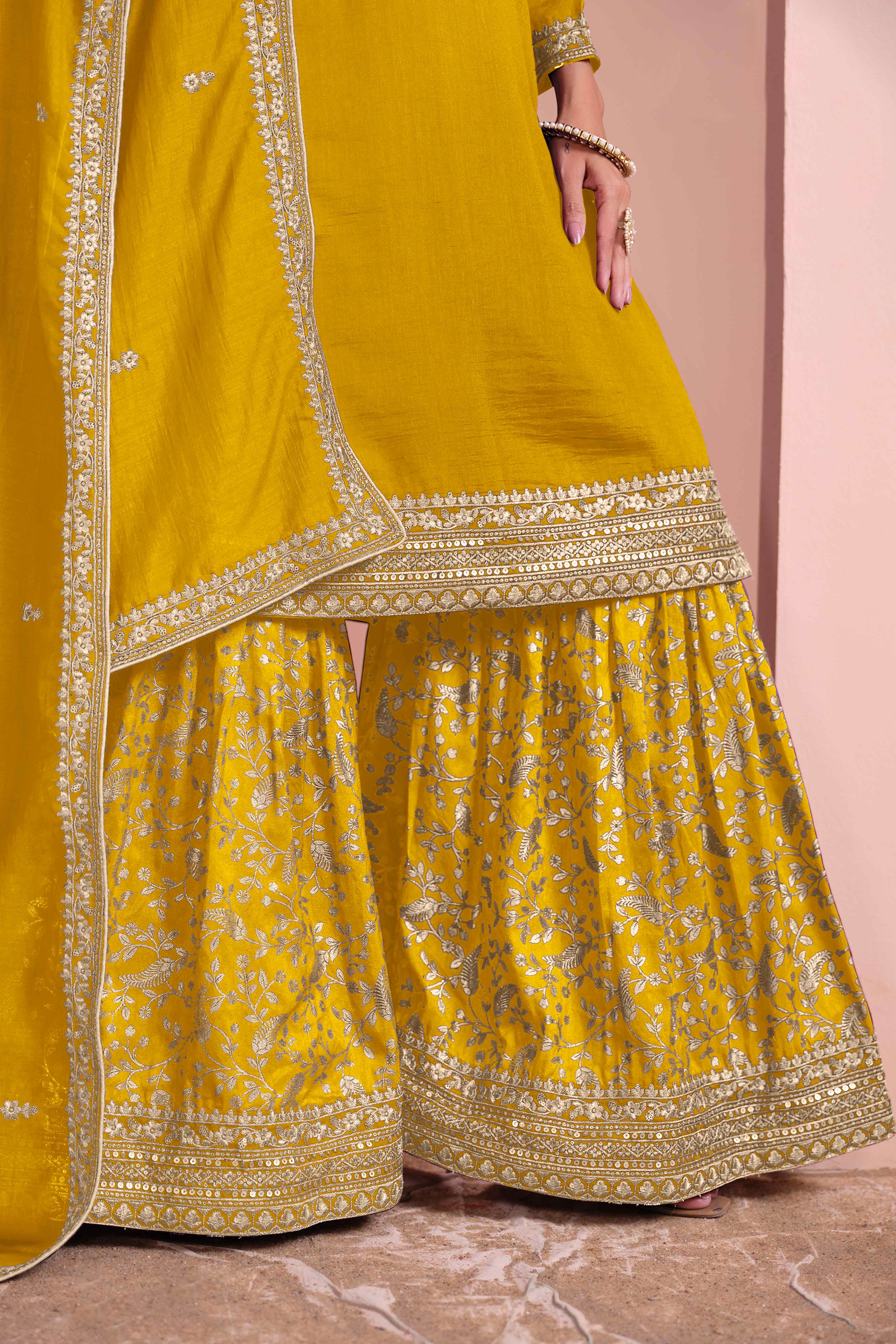 Mustard Floral Semi-Stitched Art Silk Sharara Suit With Sequins Embroidery Work