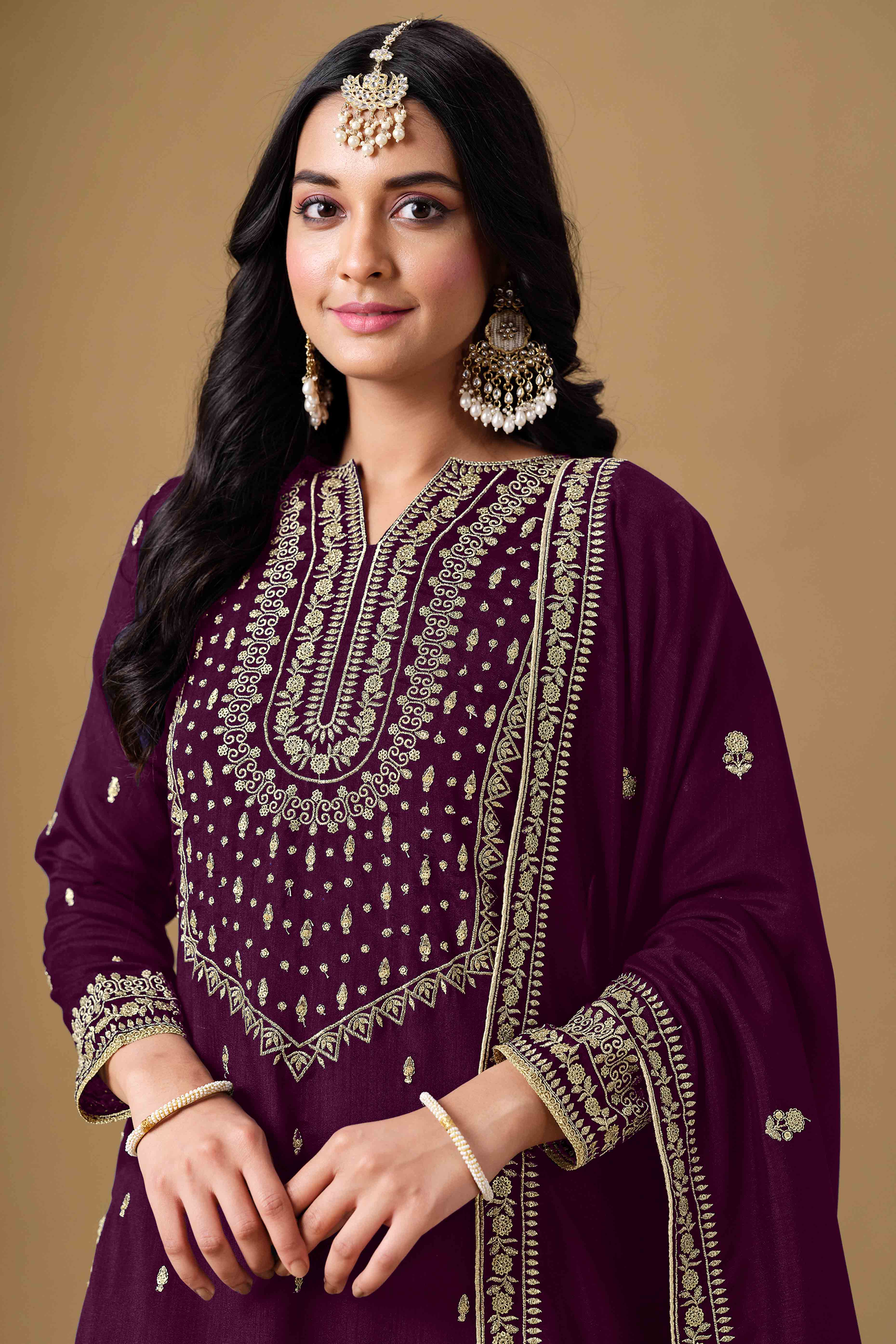 Wine Art Silk Sharara Suit With Floral Sequins Embroidery Work