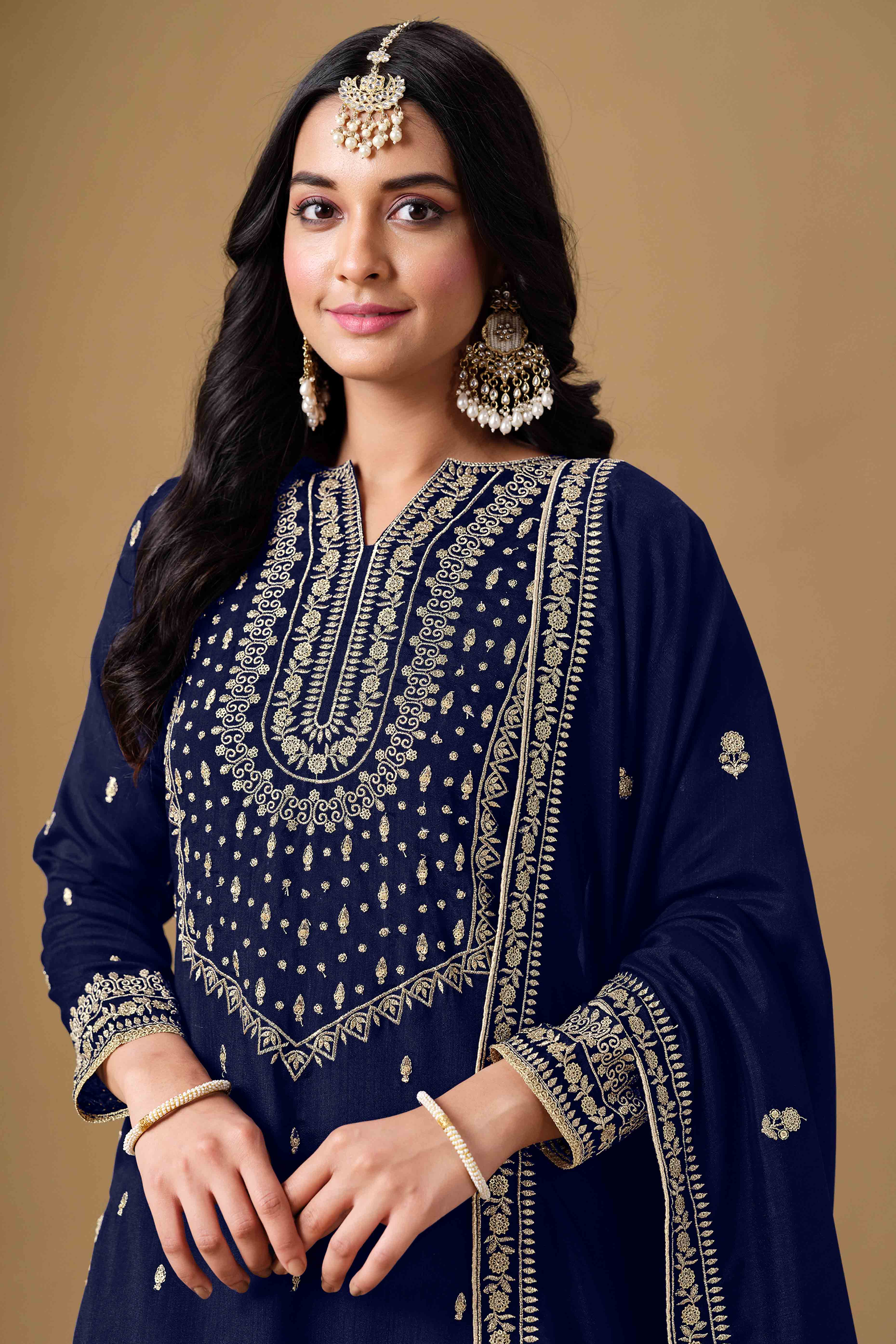 Navy Blue Art Silk Sharara Suit With Floral Sequins Embroidery Work