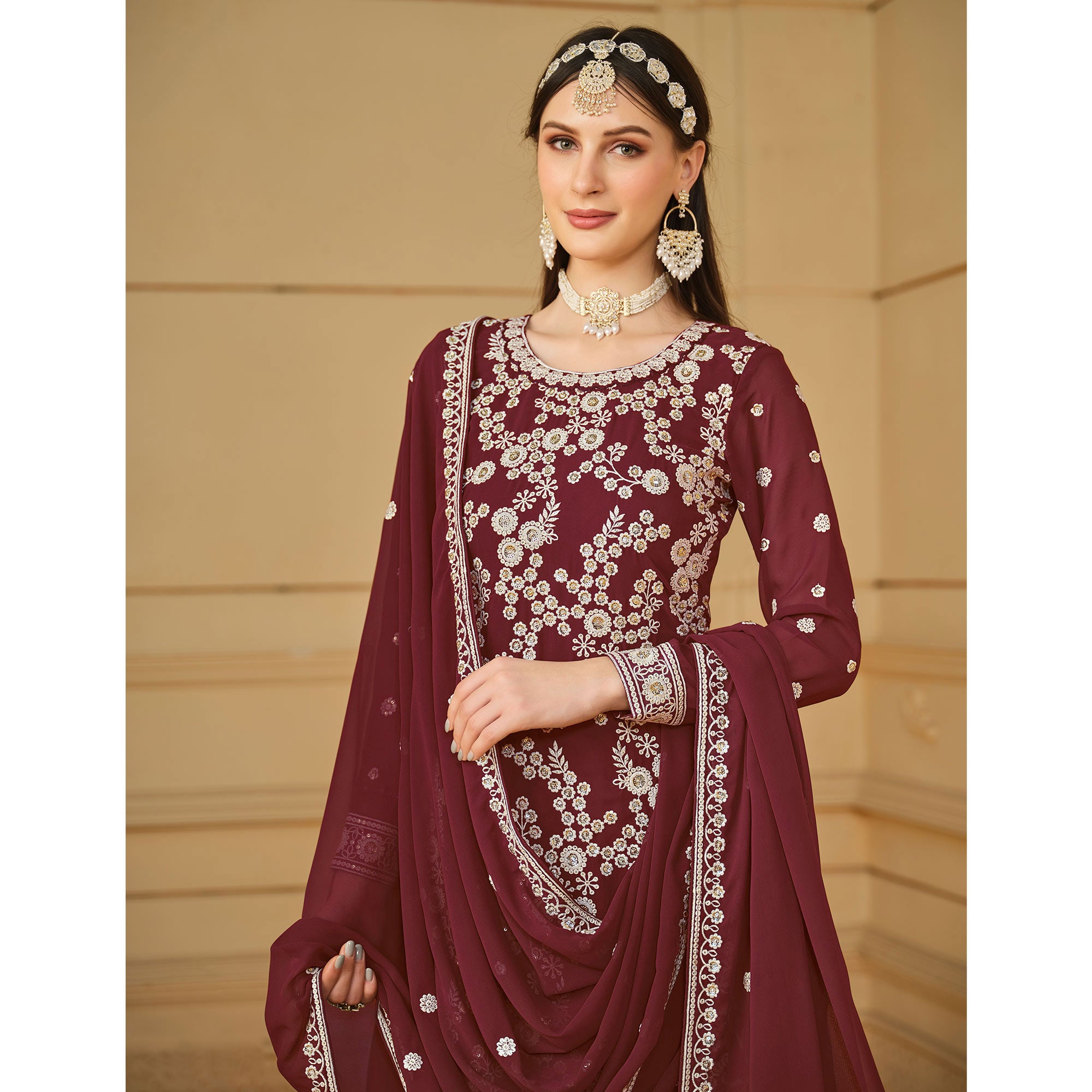 Wine Floral Embroidered Georgette Semi Stitched Sharara Suit