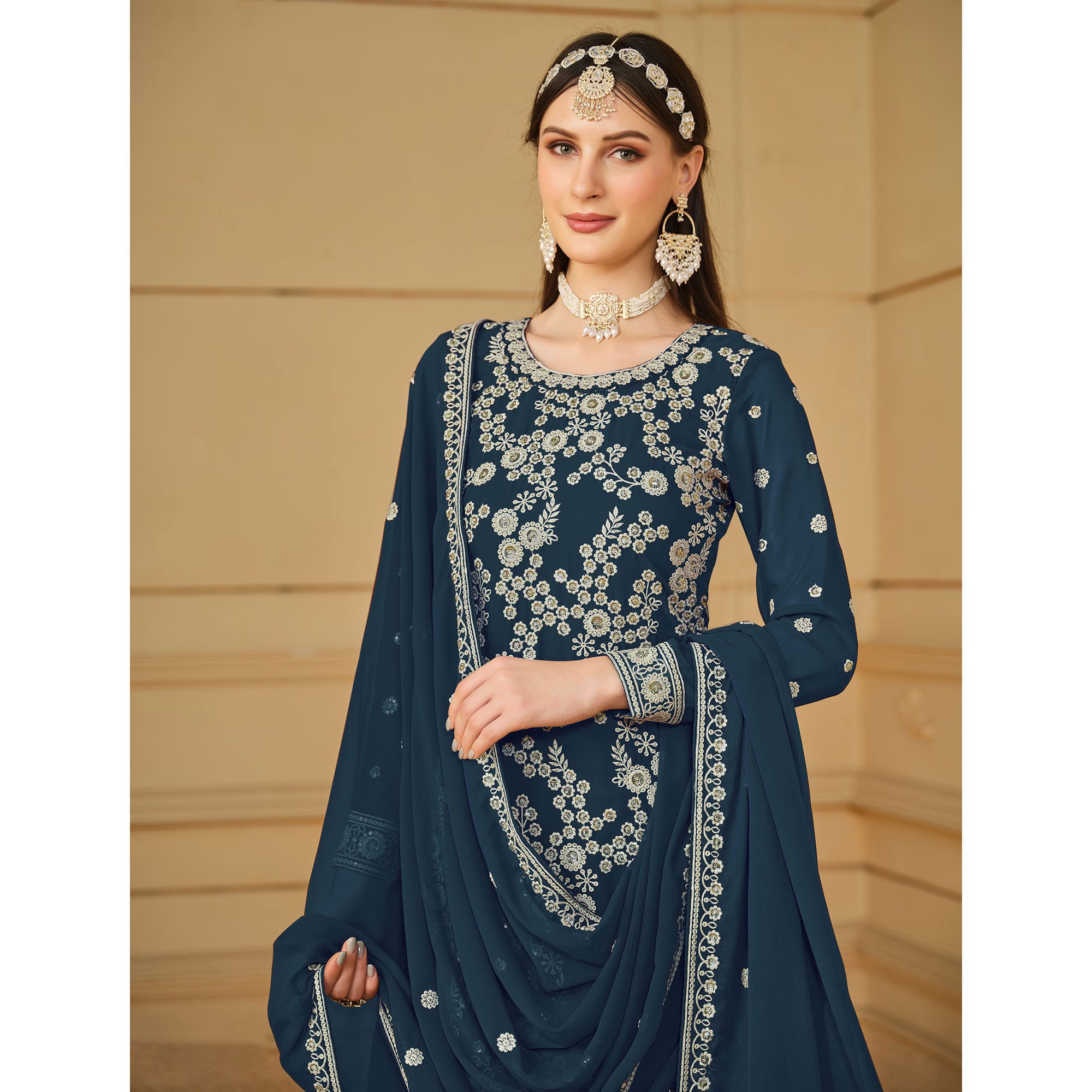 Teal Floral Embroidered Georgette Semi Stitched Sharara Suit