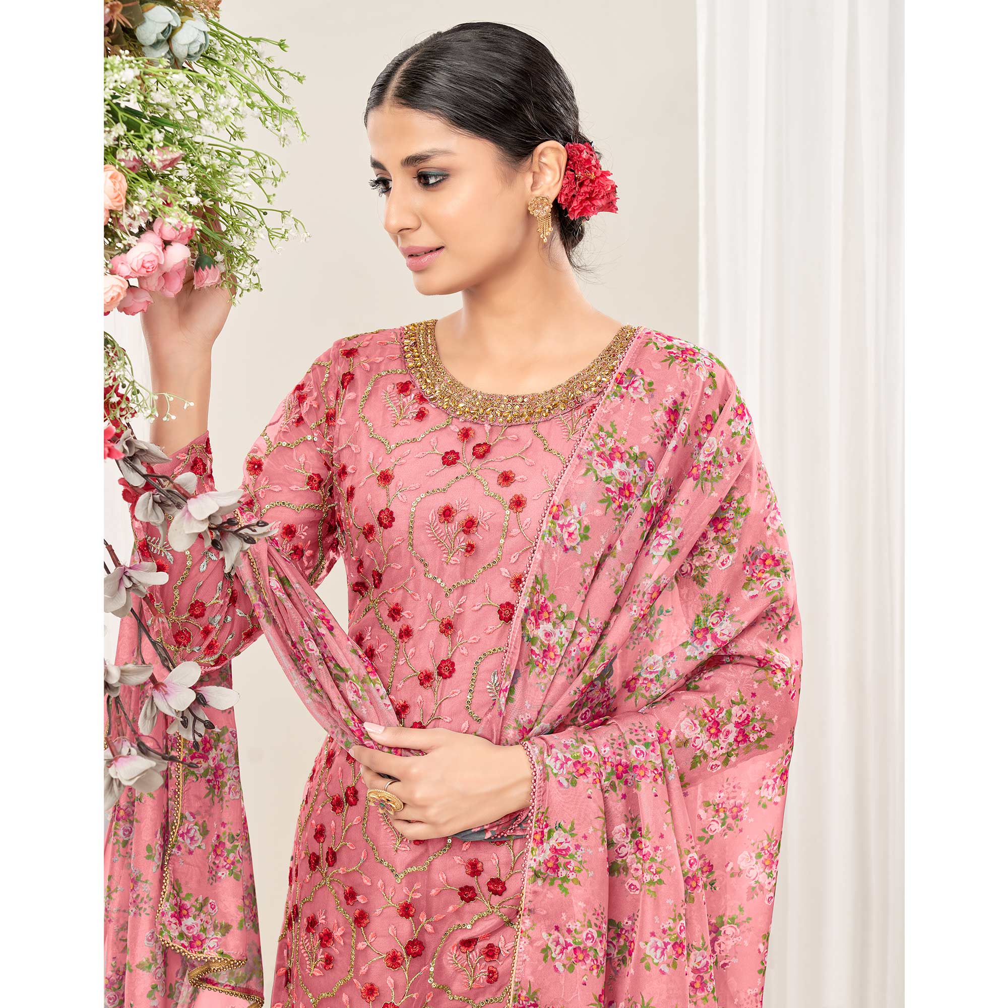 Pink Floral Sequins Embroidered Net Patiala Suit