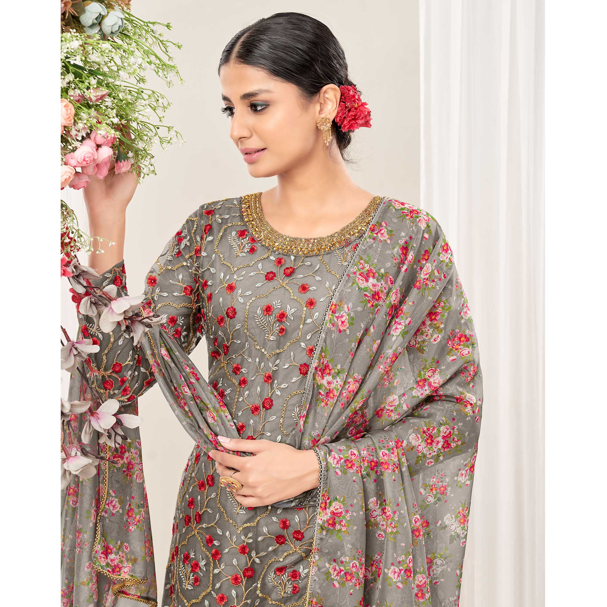 Grey Floral Sequins Embroidered Net Patiala Suit