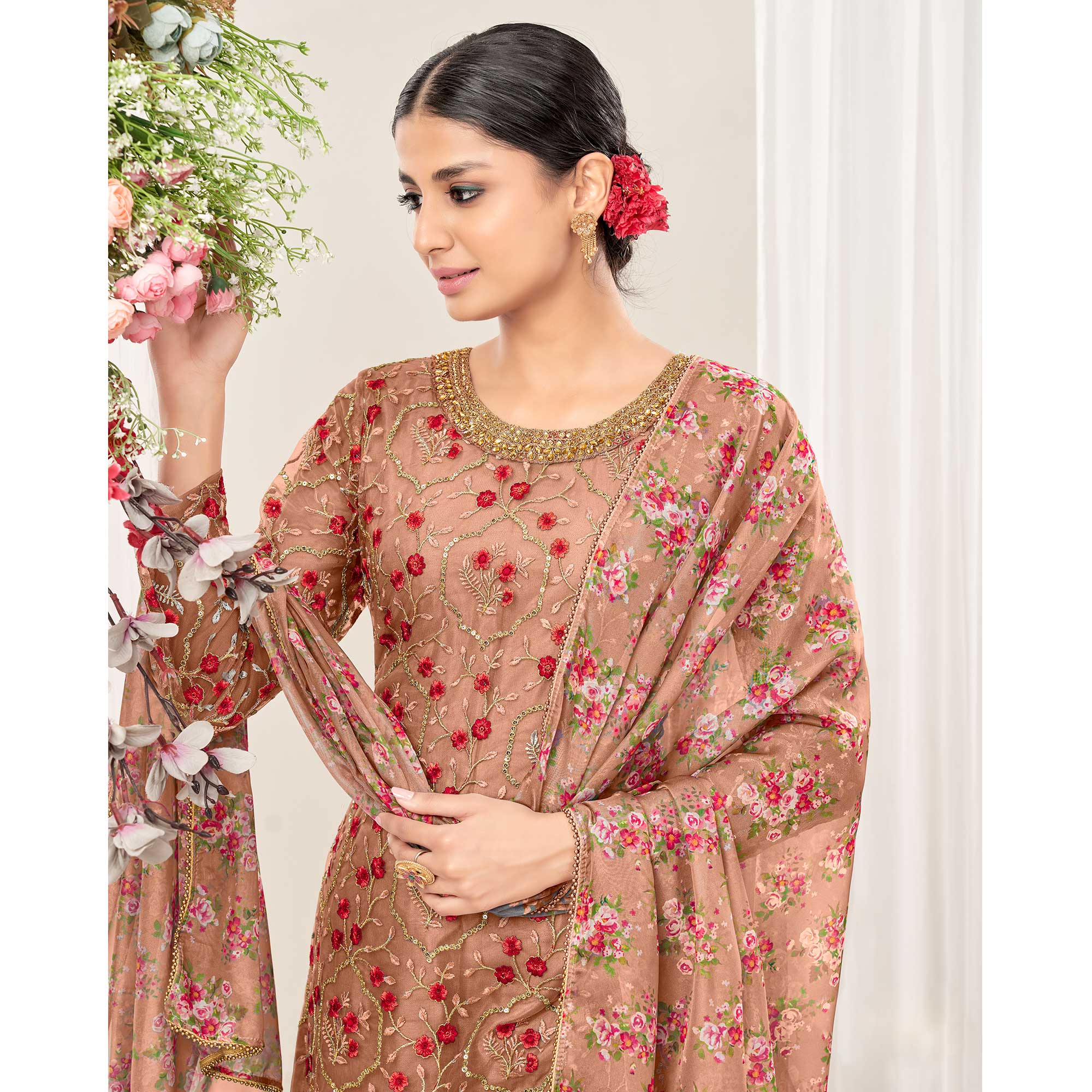 Peach Floral Sequins Embroidered Net Patiala Suit