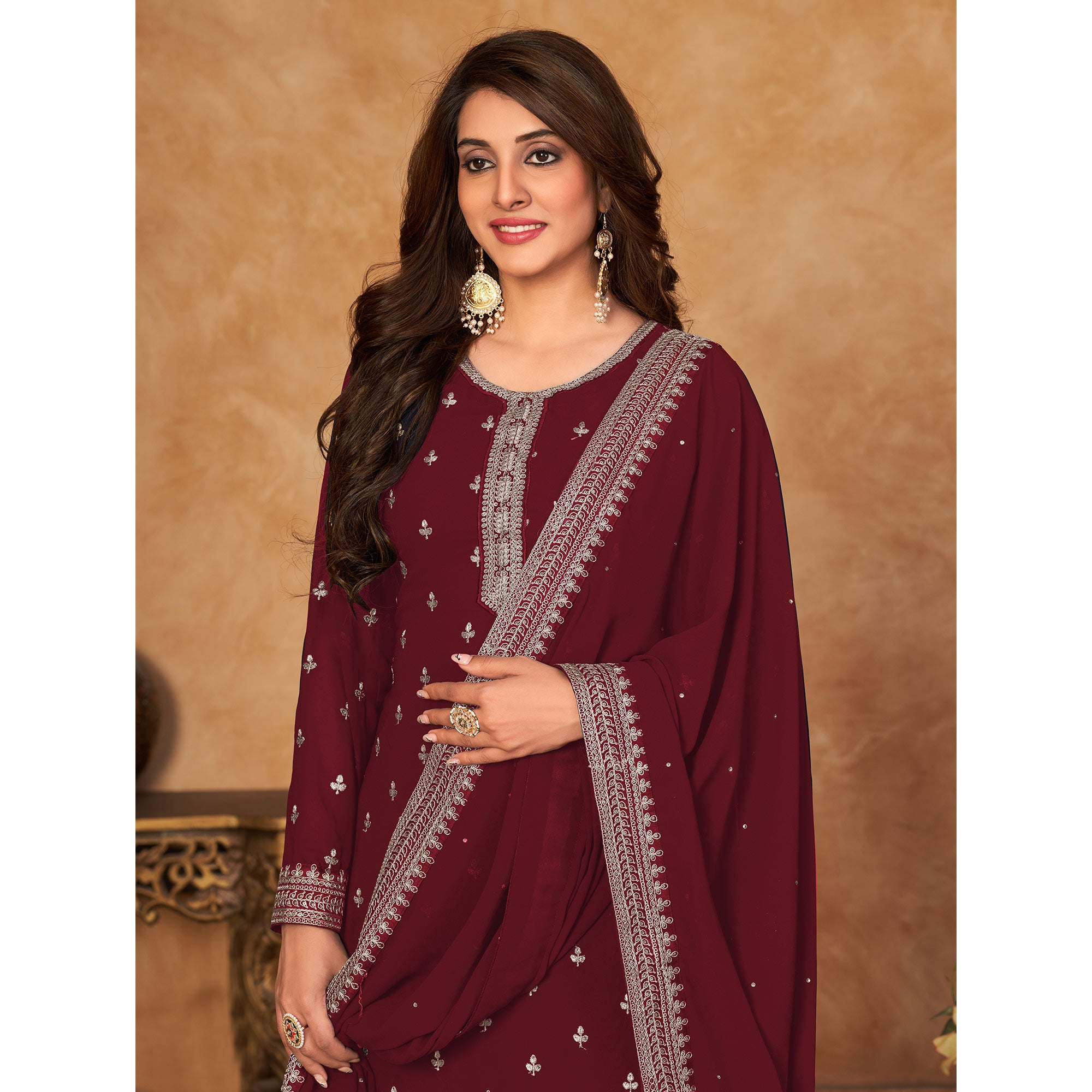 Maroon Floral Embroidered Georgette Semi Stitched Suit