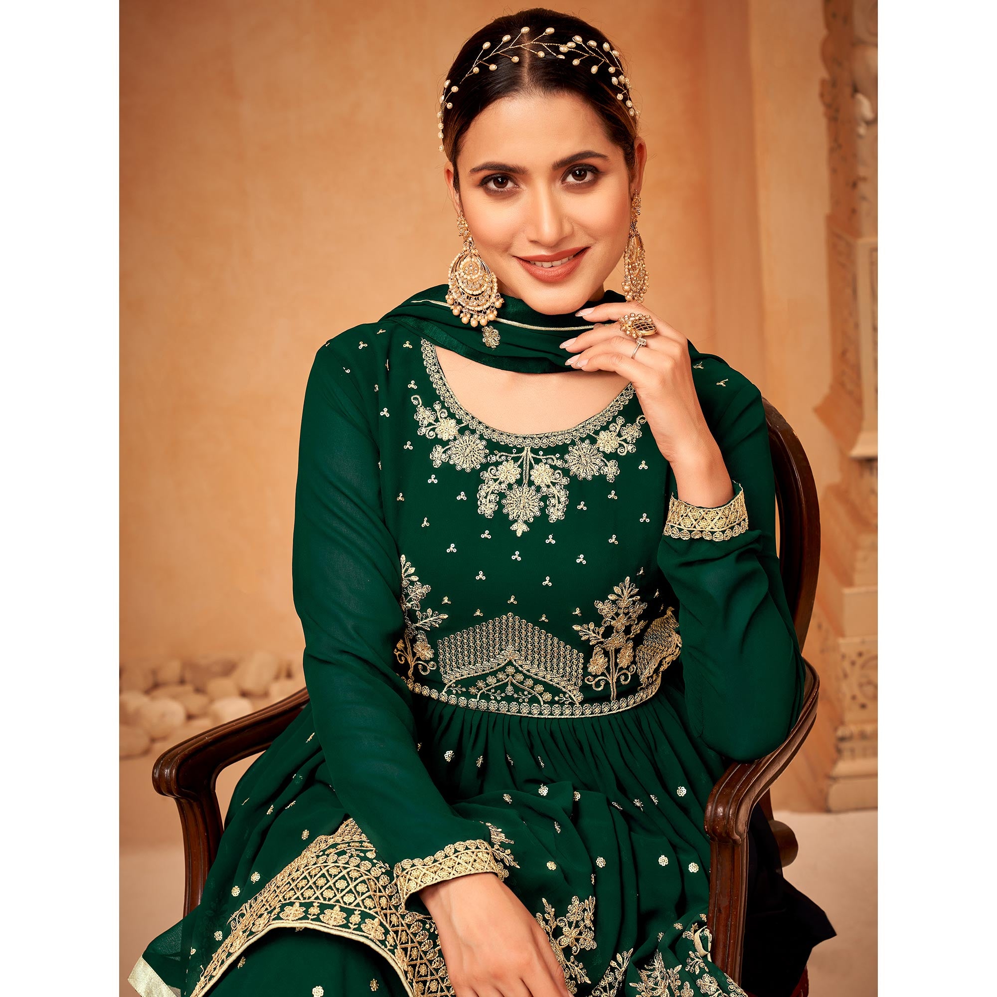Green Floral Sequin Embroidered Georgette Semi Stitched Suit