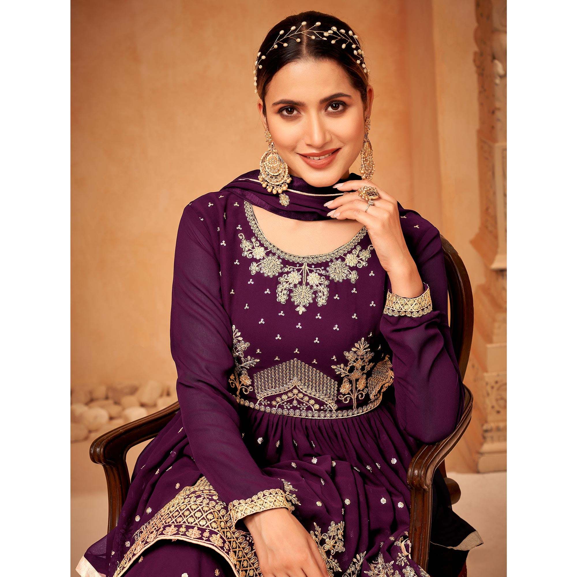 Purple Floral Sequin Embroidered Georgette Semi Stitched Suit