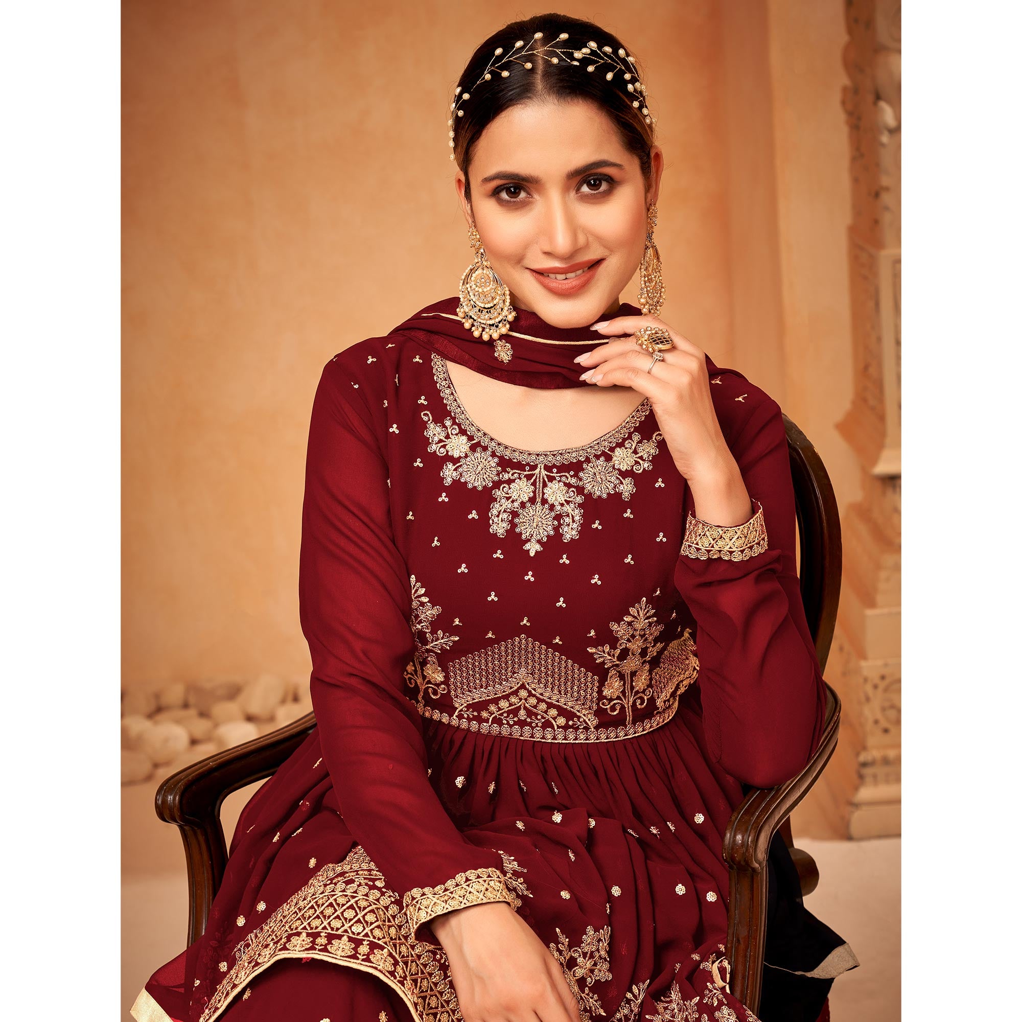 Red Floral Sequin Embroidered Georgette Semi Stitched Suit