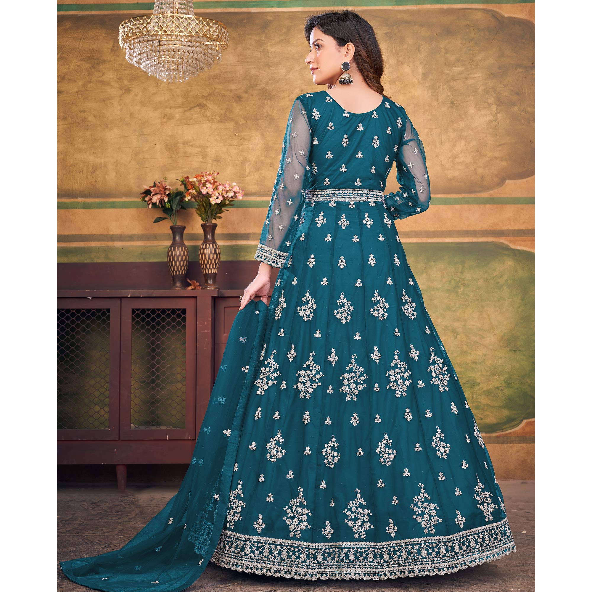 Rama Blue Embroidered Net Semi Stitched Anarkali Suit