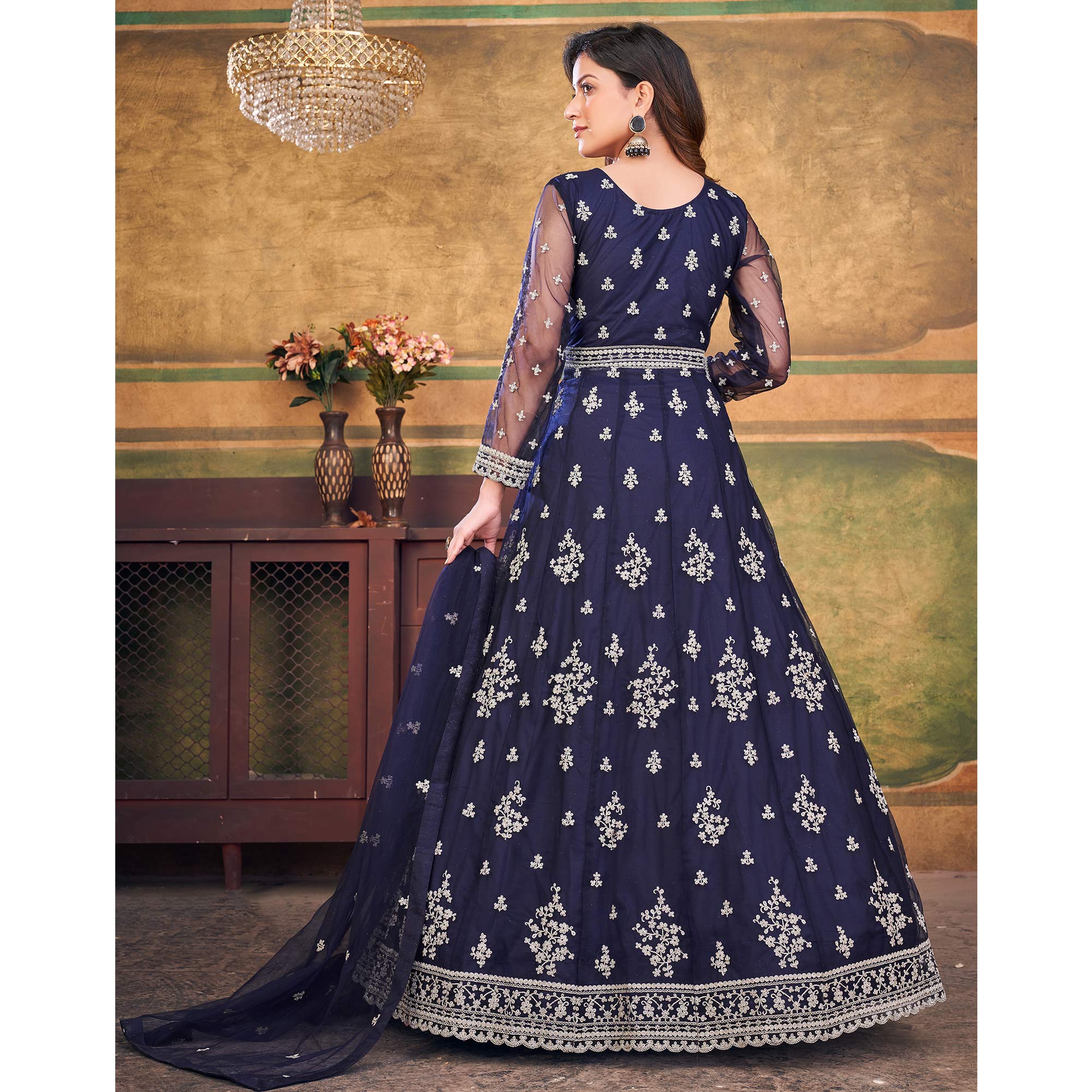 Blue Embroidered Net Semi Stitched Anarkali Suit